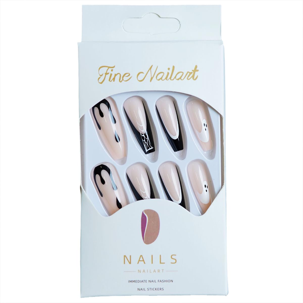 Halloween Press on Nails Long Coffin Fake Nails Cute Ghost False Nails with Designs Spooky Spider Web Glue on Nails Full Cover Nude Acrylic Nail White Black French Tip Nail for Women 24 Pcs