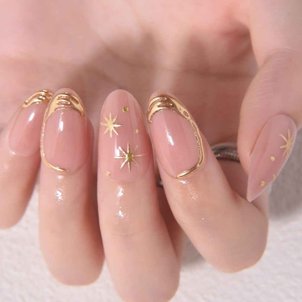 evpct Short Almond Press on Nails with French Tip & 3D Gold Line Star Design, Glossy Full Cover Acrylic False Nails with Glue, Reusable Stick - Glue on Fake Nails for Women- Fall Nail Art Gift