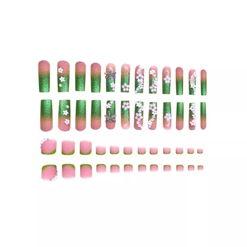 48Pcs Flower Press on Nails Rhinestone French Tips Press on Toenails Long Square Fake Nails with Green Glitter Design White Pink Floral Fake Toes Glossy Summer False Nails for Women Girls DIY Manicure