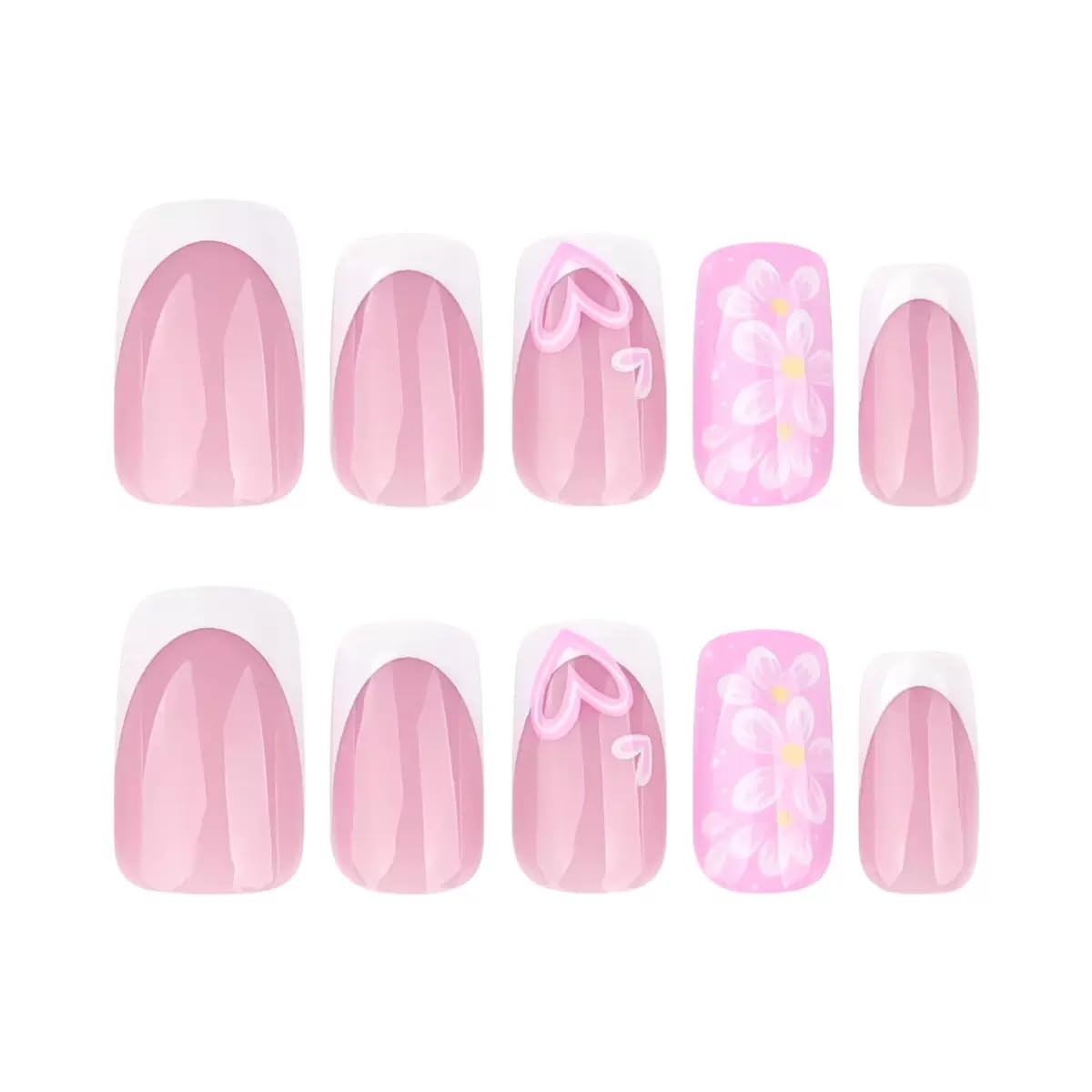 CTTHNBD Press on Nails Square - Medium Fake Nails with Flower Heart Design - White French Tip False Nails Press ons - for Women 24 Pcs