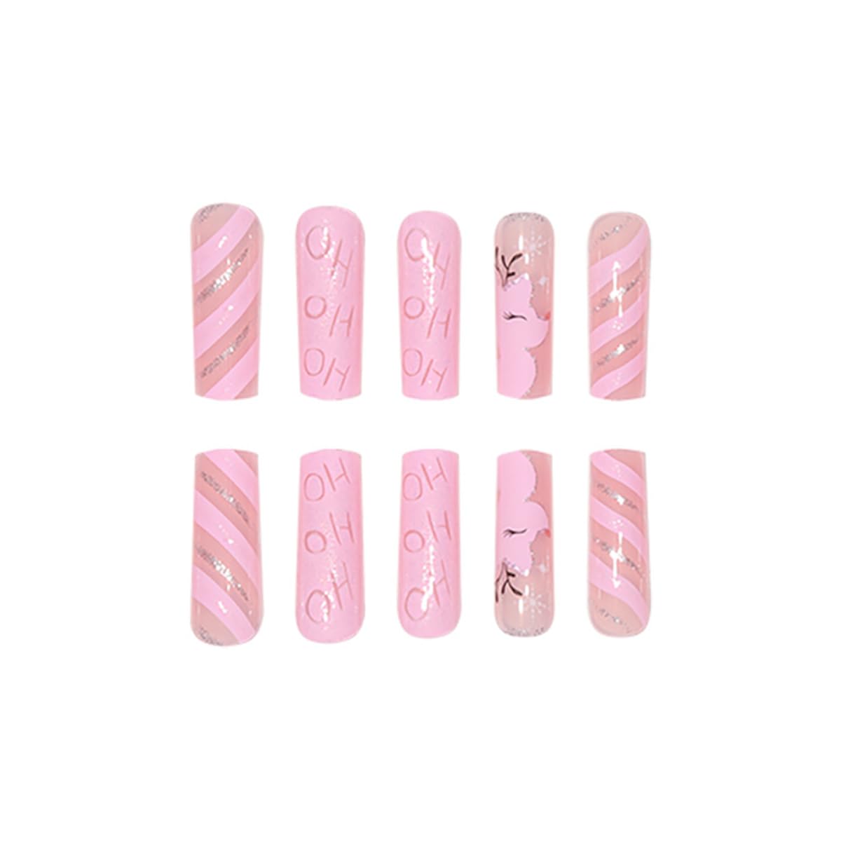 Christmas Press on Nails Extra Long Coffin Fake Nails Pink Coffin False Nails with Design Cute Reindeer Snowflake Line Glue on Nails Full Cover Bling Glitter Winter Xmas Acrylic Nails for Women 24Pcs