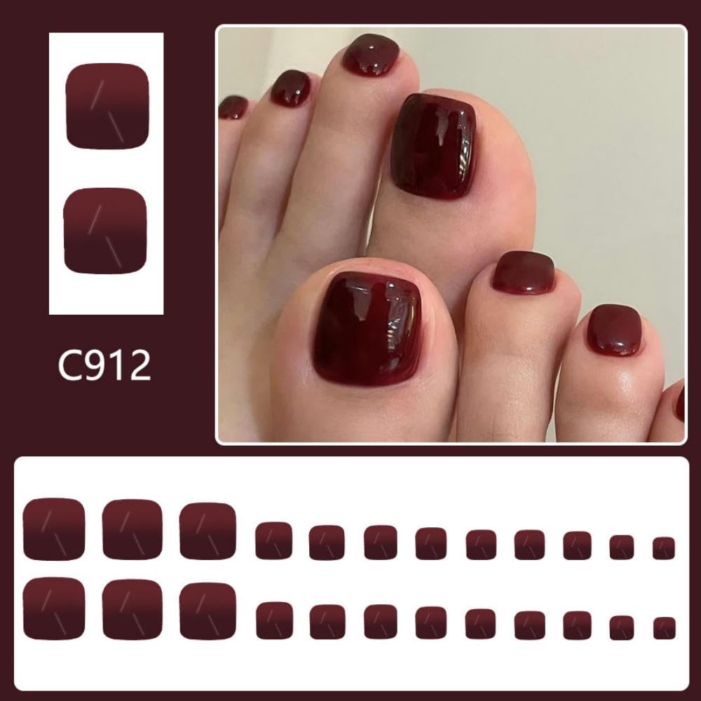 Dark Red Press on Toenails Short Square False Toenails with Designs Glossy Wine Red Fake Toe Nails Spring Glue on Toenail Cute Reusable Summer Stick on Toe Nails for Women Girls Manicure 24Pcs