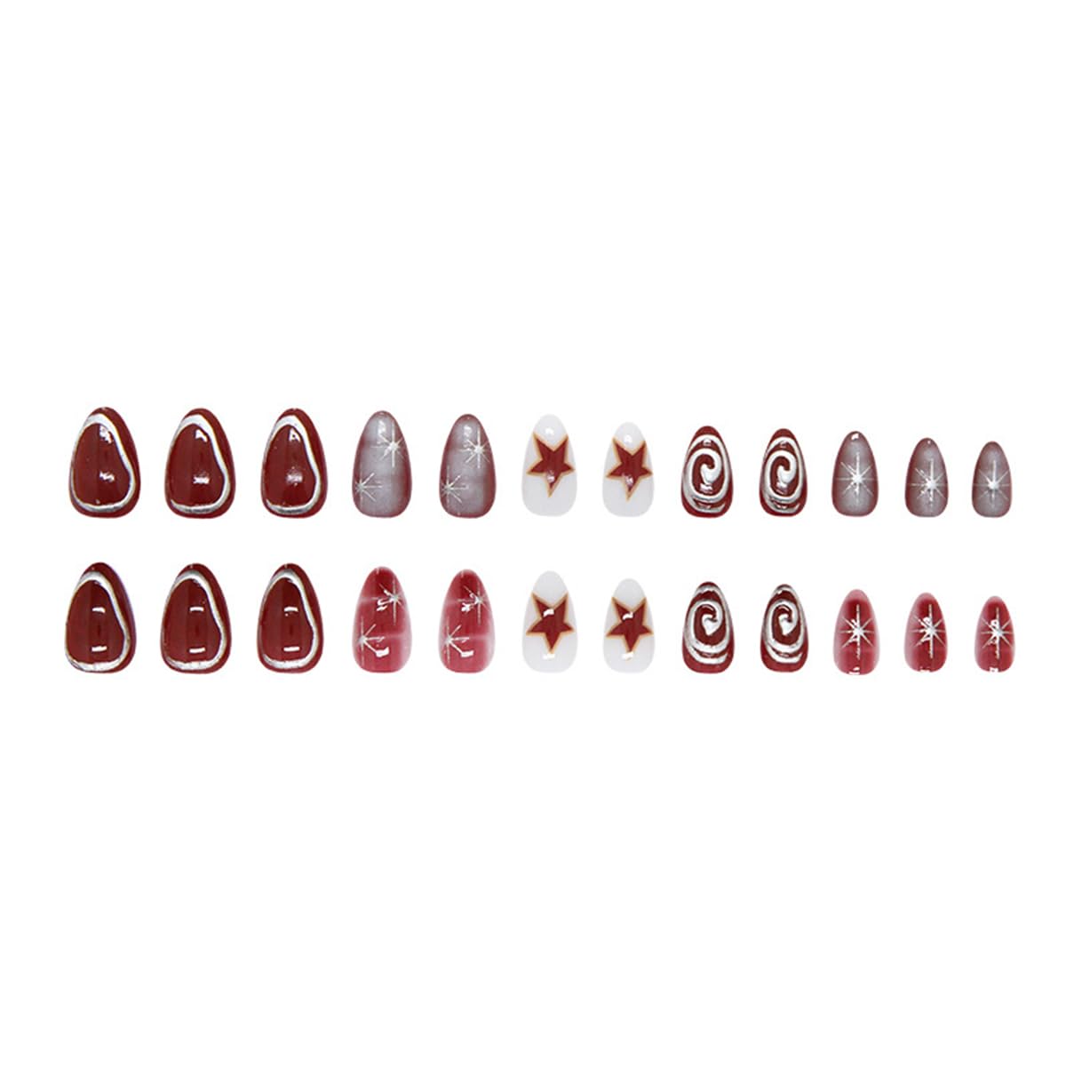 24Pcs Short Almond Press On Nails Patriotic Red Star Fake Nails with Silver Chrome Swirl Lines Designs Y2K Acrylic False Nails Glossy Full Cover Independence Day Stick On Nails for Women DIY Manicure