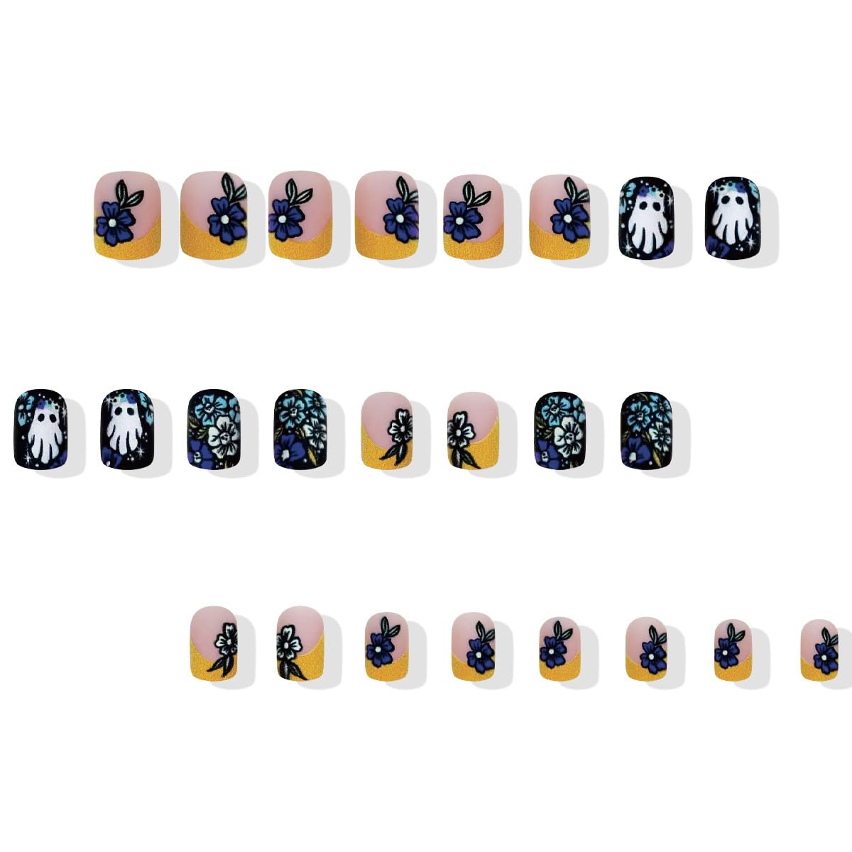 24 Pcs Halloween Press on Nails Short Square Cute Ghost Fake Nails with Skull Flower Designs Orange French Tip Glue on Nails Matte Full Cover Acrylic Nail for Women DIY Halloween Manicure