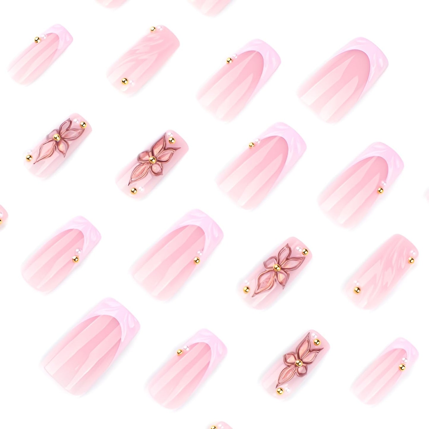 Pink French Tip Fake Nails Medium Square Press on Nails Flower False Nails Pink Nails Press Ons Glossy Full Cover Stick on Nail with Gold Rhinestones Design Acrylic Glue on Nail for Women Set 24Pcs