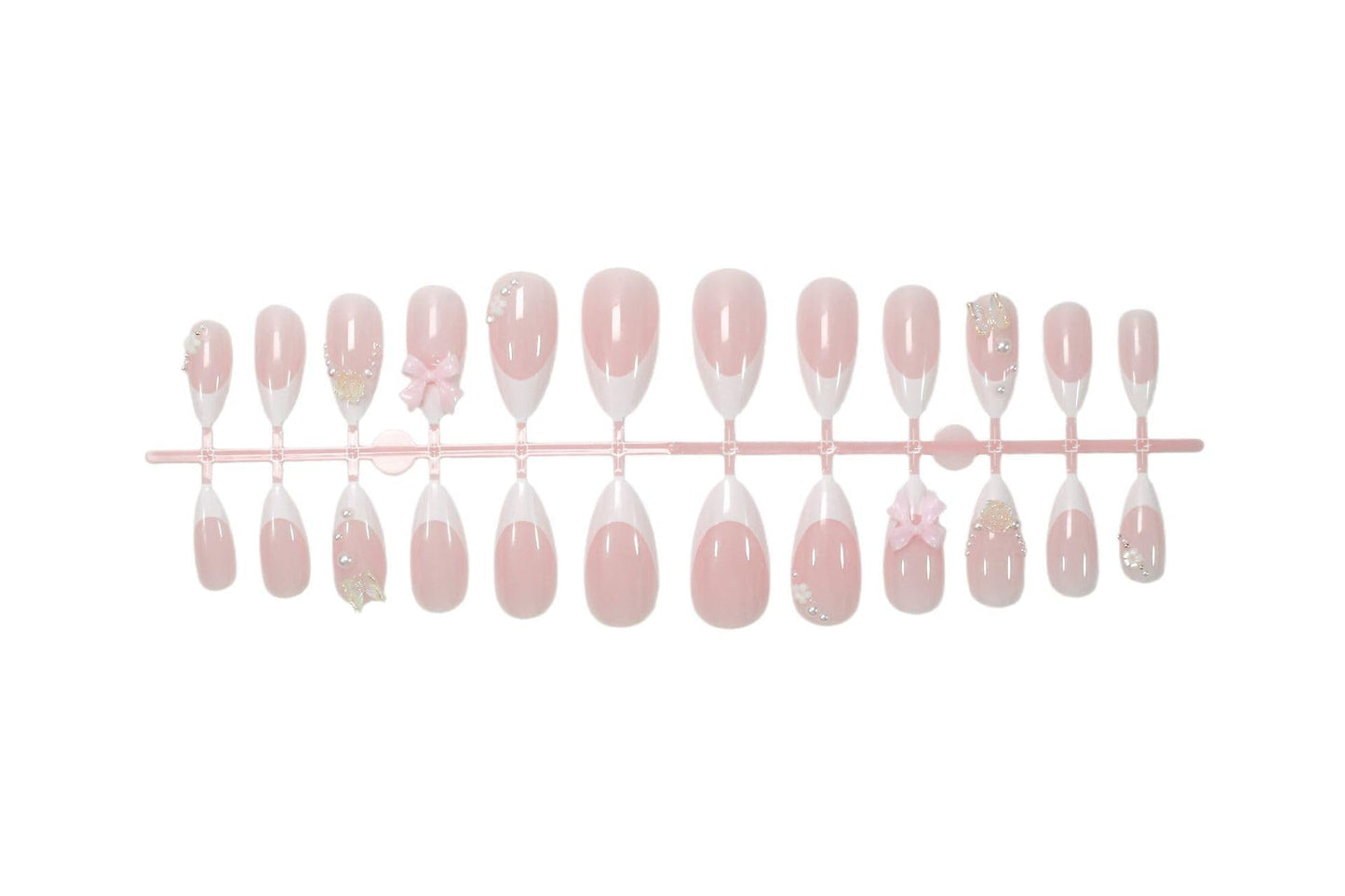 plalely Almond Press on Nails Medium White Fake NailPink Bows and Clear Butterfly Acrylic Nail Press ons Stick on Nails for Women 24pcs