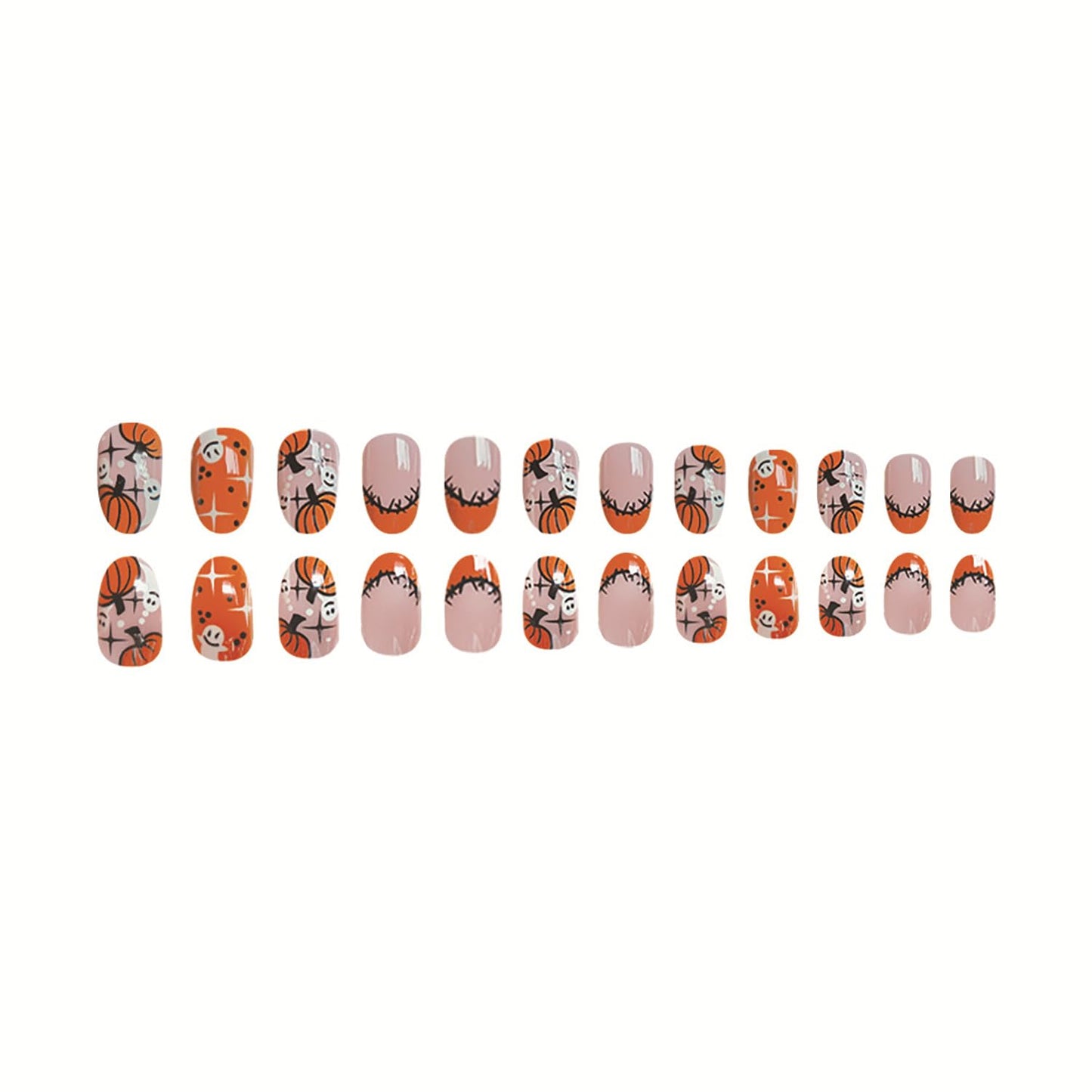 Halloween Press on Nails Orange French Tip Fake Nail Cute Pumpkin Ghost False Nail Short Nude Pink Nails Press ons Halloween Glue on Nails Acrylic Nail for Women 24Pcs