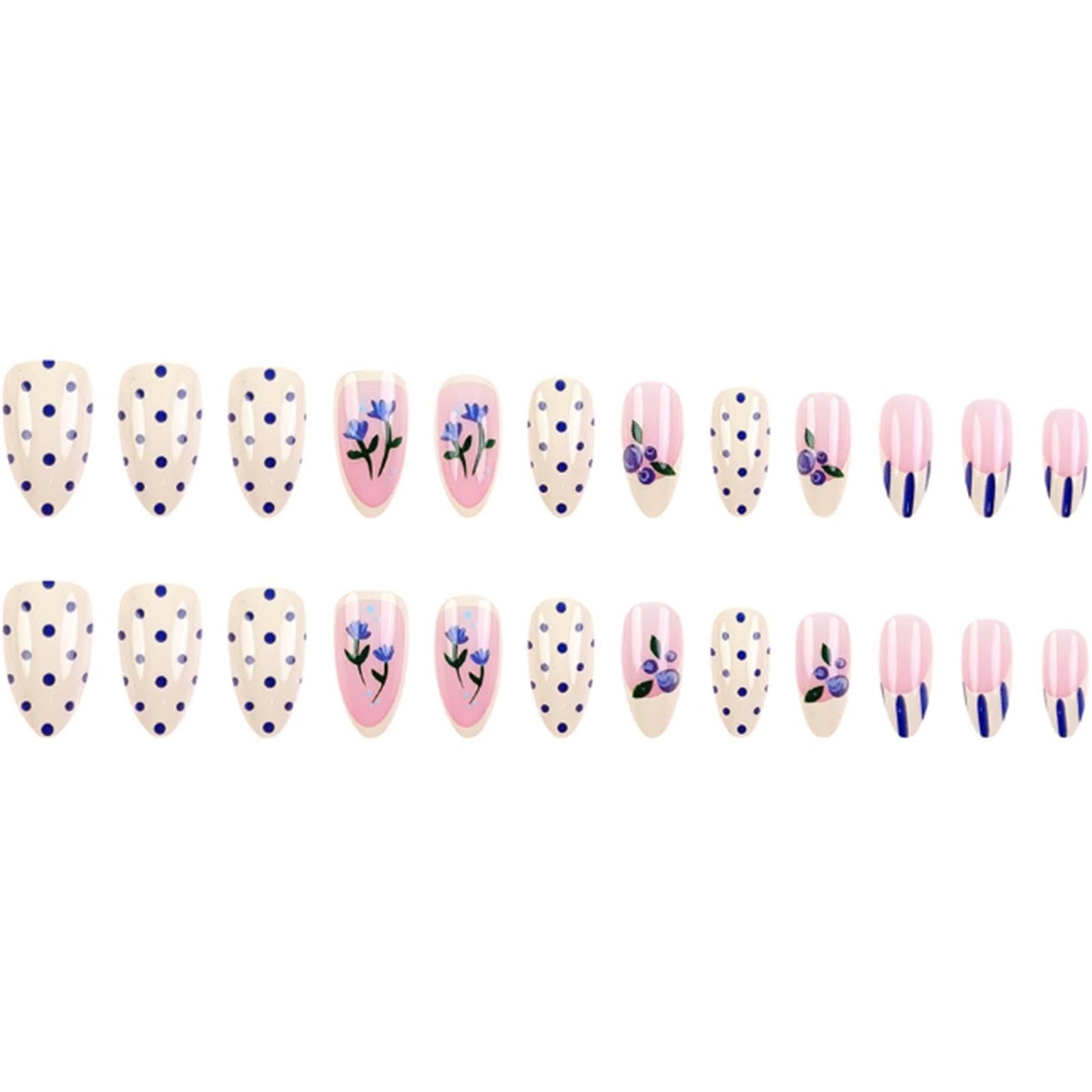 DANMANR Short Press on Nails Almond Fake Nails Full Cover Flowers Polka Dots Acrylic French False Nails for Women and Girls 24PCS