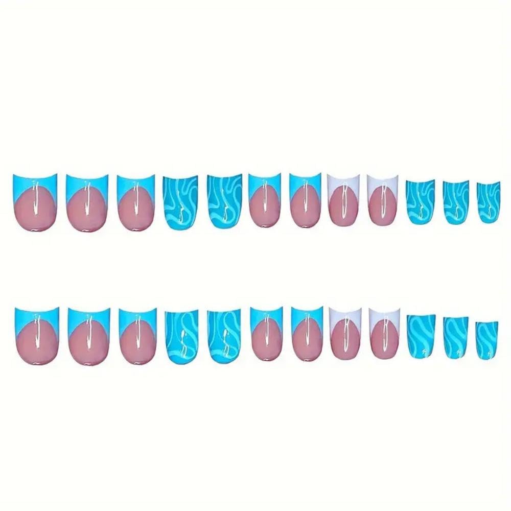 48Pcs Blue Press on Toenails Short Square Press on Nails Blue White French Tips False Nails with Water Ripple Design Glossy Skintones Fake Toenails Summer Fake Nails Kit for Women Girls Manicure
