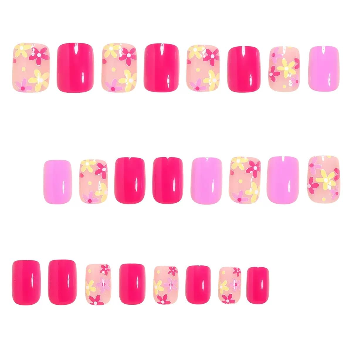 CTTHNBD Press on Nails Square - Short Fake Nails with Colorful Flower Design - Pink, Purple, Cute False Nails Press ons - for Women 24 Pcs