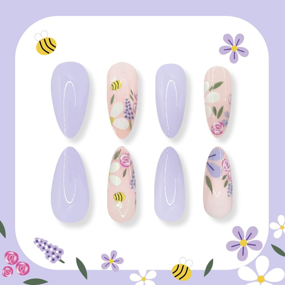 Flower Press on Nails Medium Almond Fake Nails with White Floral Design Glossy Full Cover Purple False Nail Spring Summer Nail Press ons Reusable Cute Stiletto Acrylic Nail for Women Manicure 24Pcs