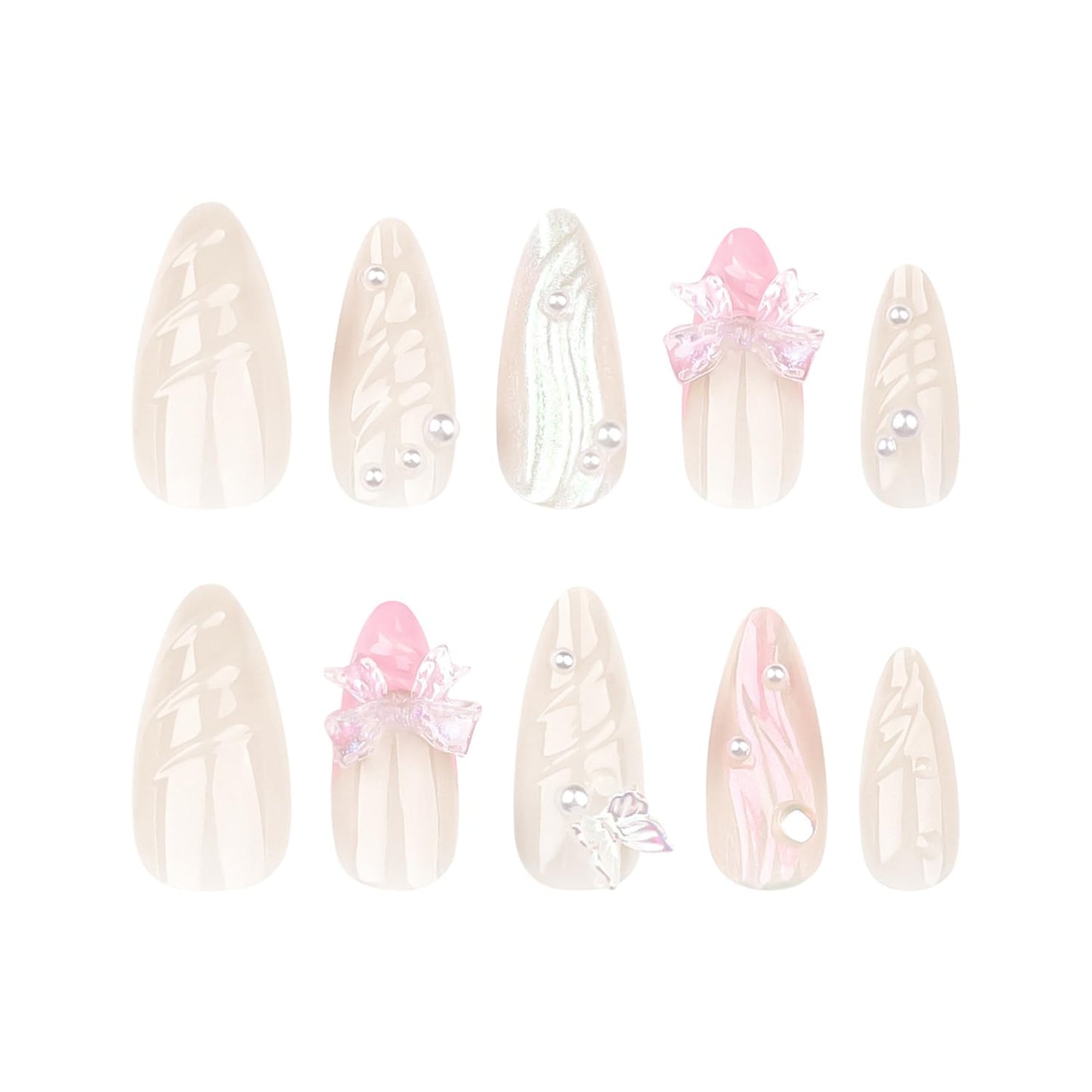 Pink French Press on Nails Almond Fake Nails 3D Pearl Nail Art Design False Nails Glue on Artificial Nails Butterfly Nail Tip Cute Bow Stick on Nail for Women Girls Manicure Set 24Pcs
