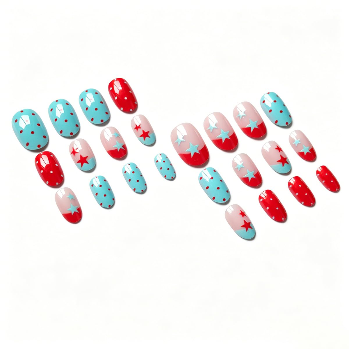 QUNQINLI French Tip Press on Nails Short Oval Fake Nails Press ons Nail Art Tips Kit with Star Polka Dots Design Red Blue False Nails Full Cover Nude Glossy Glue on Nails for Women Manicure 24 Pcs