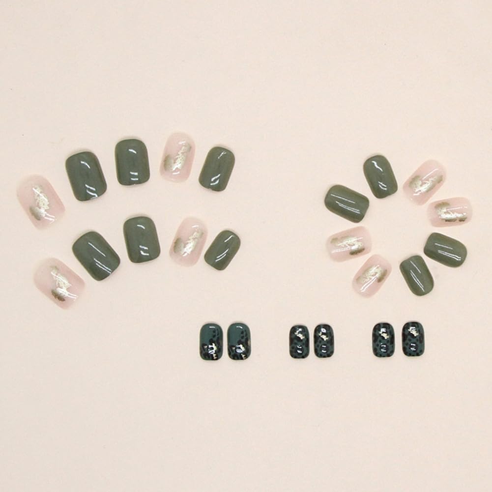 Press On Nails Short,Acrylic Nails Press on,Short Square Press on Nails Fake Nails Glossy Green False Nails with Leopard Print Gold Foil Press ons Design Artificial Nails Stick on Nails for Women24Pcs