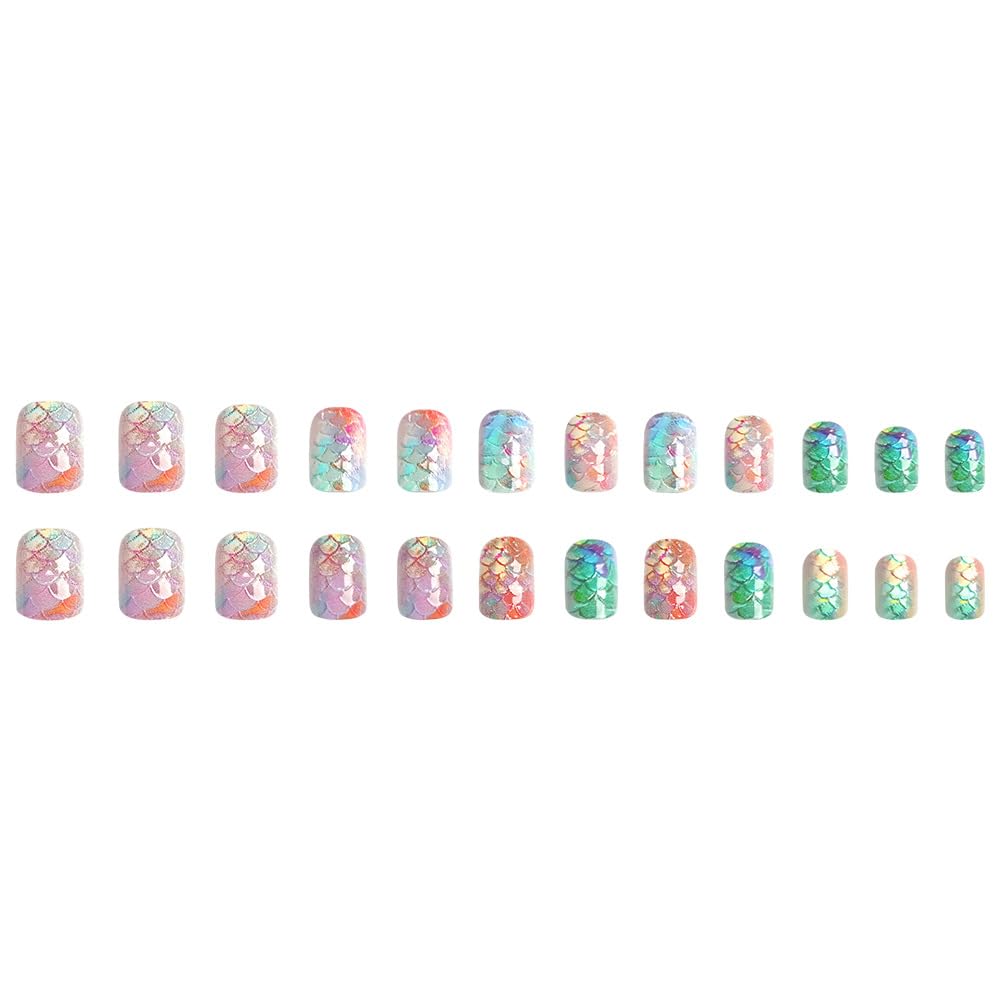 Summer Press on Nails Short Square Fake Nails Ocean Colorful Chrome False Nails Gradient Acrylic Nails Glossy Fish Scales Full Cover Glue on Nails for Women Manicure 24Pcs