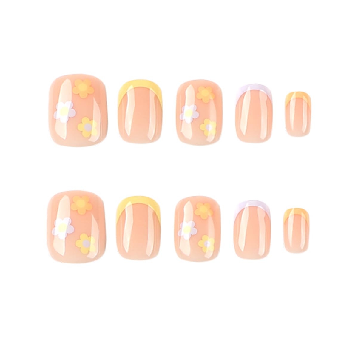 French Tricolor Short Square Press on Nails, fall False Nails with Cute Fflower Pink Design, Glossy Gel Finish Acrylic Nails, Thick Natural Reusable Nail Glue Set For Women, 24 pieces