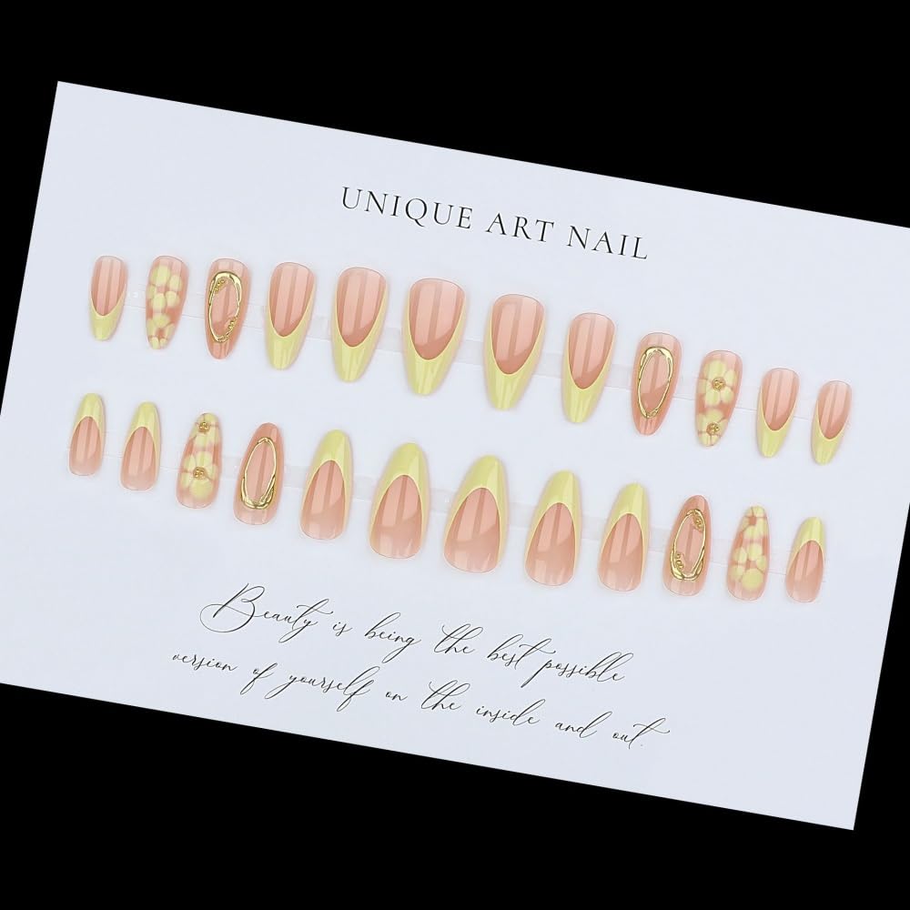 French Tips Press on Nails Medium Almond Fake Nails with Yellow Flower Design Glossy 5D Gold Lines Glue on Nail Floral Nails Press ons Reusable Full Cover Spring Summer Nail for Women Manicure 24Pcs