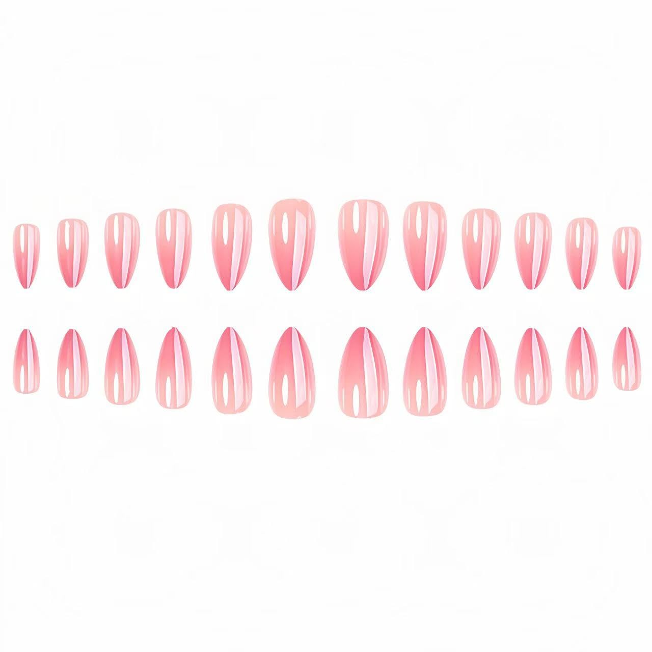 Gradient Nude Pink Electroplated Press on Nails SHIQIXIANNV Almond Fake Nails Metallic Mirror False Nail Design Rose Pink Glossy Acrylic Nails for Women Girl DIY Manicure Decoration 24Pcs