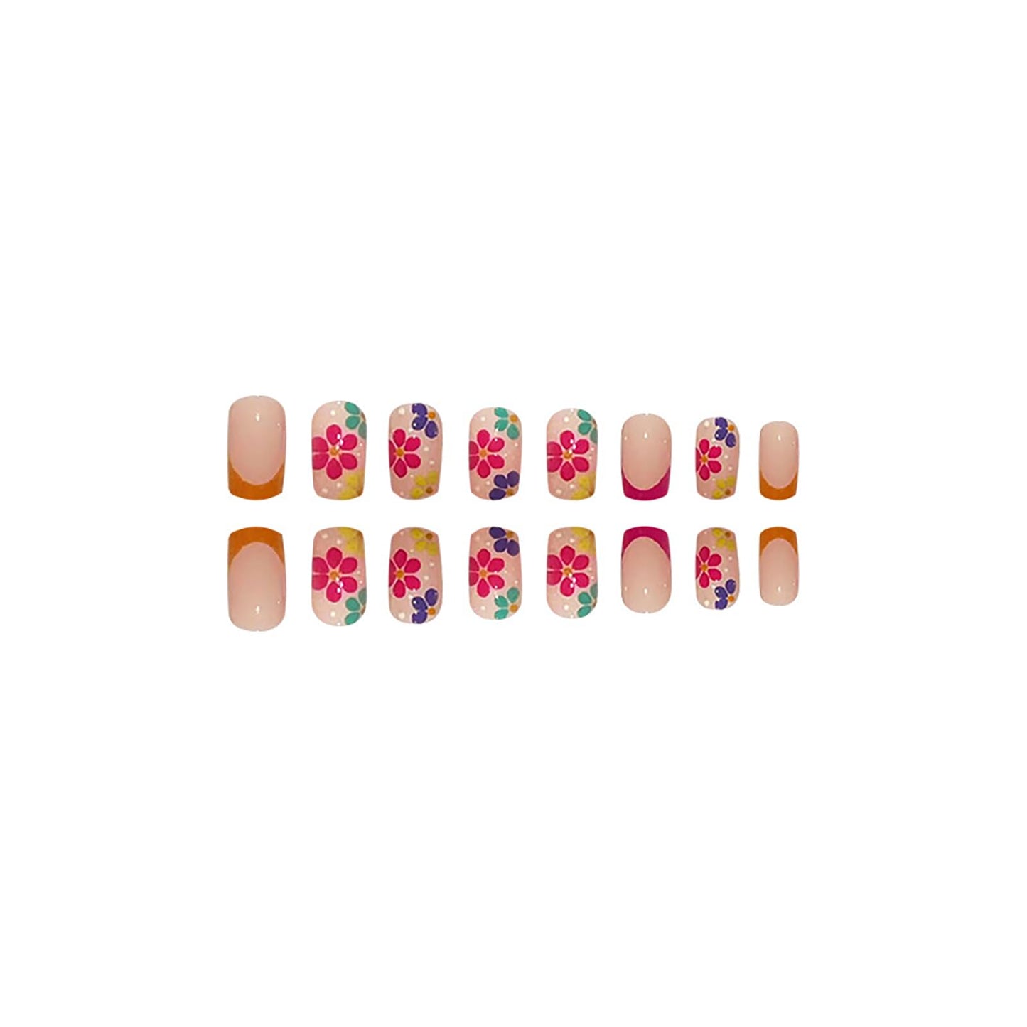 RTKHFZE French Tips Short Press on Nails Square Fake Nails with Flower Stereoscopic Embossed Design,Glossy Nude False Nails Full Cover Artificial Acrylic Nails Stick on Nail for Women Girls 24Pcs