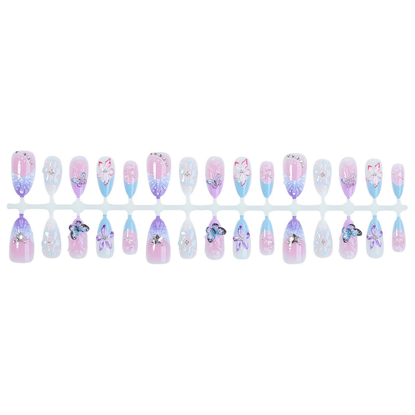 30Pcs Flower Press on Nails Medium Almond French Tip Fake Nails with 3D Star Rhinestone Design Butterfly Heart False Nails Pink Smudge Full Cover Cute Floral Butterflies Acrylic Glue on Nail for Women