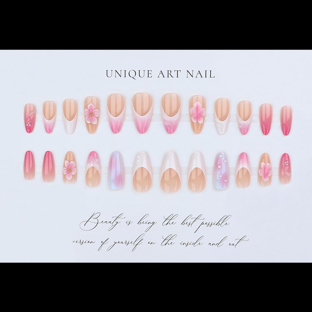 Pink Press on Nails Medium Almond Fake Nails with 5D Flower Design Glossy Ombre Pink Glue on Nail Water Ripple French Tips Nails Press ons Reusable Pearl Acrylic Nail for Women Manicure 24Pcs
