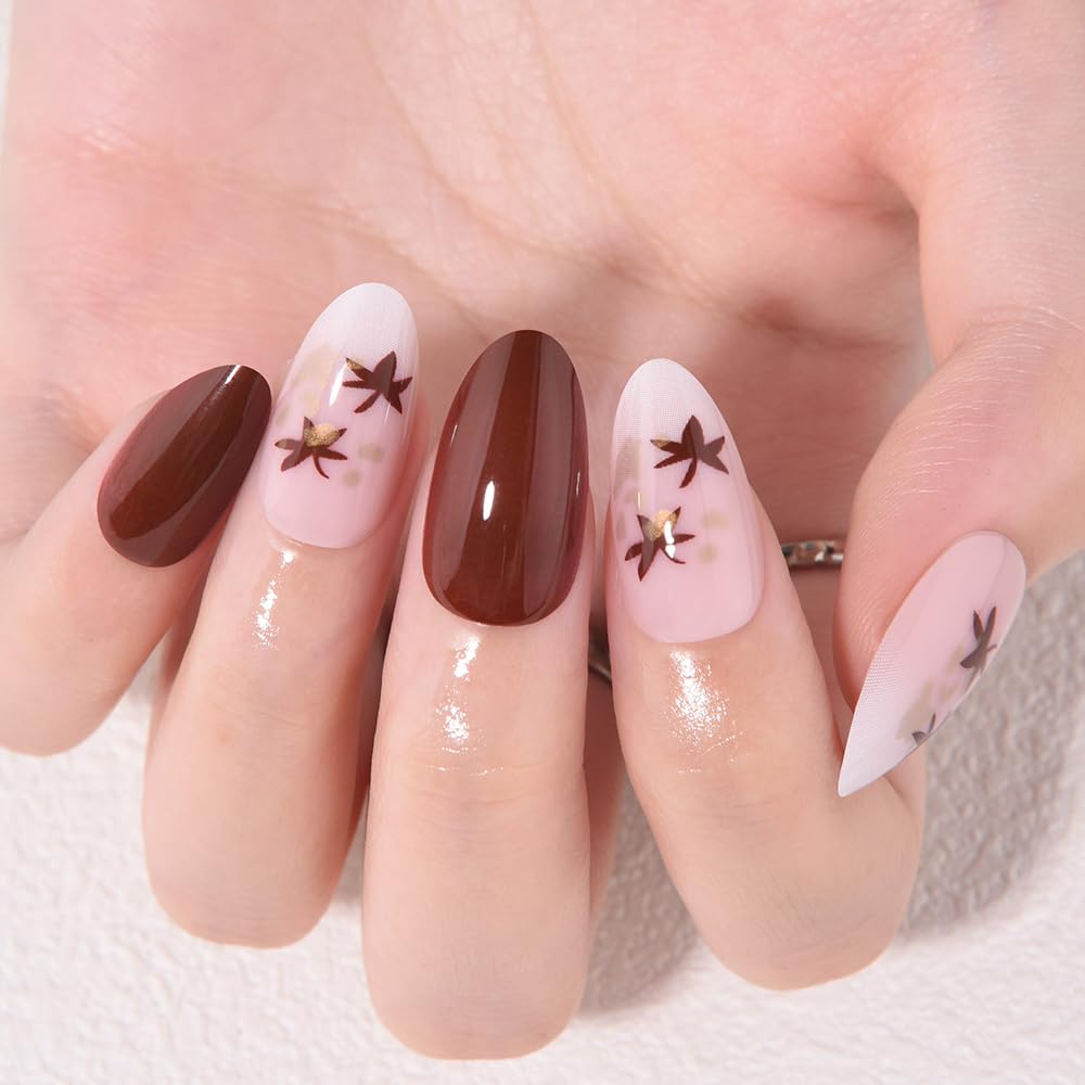 evpct Coffee Brown Press on Nails Short Almond with Leaves Design, Maple Leaf Pink Stick on Nail for Women Gift with Manicure Kit, Reusable Soft Gel Stick on Fake Nail with Designs Perfectly Fit
