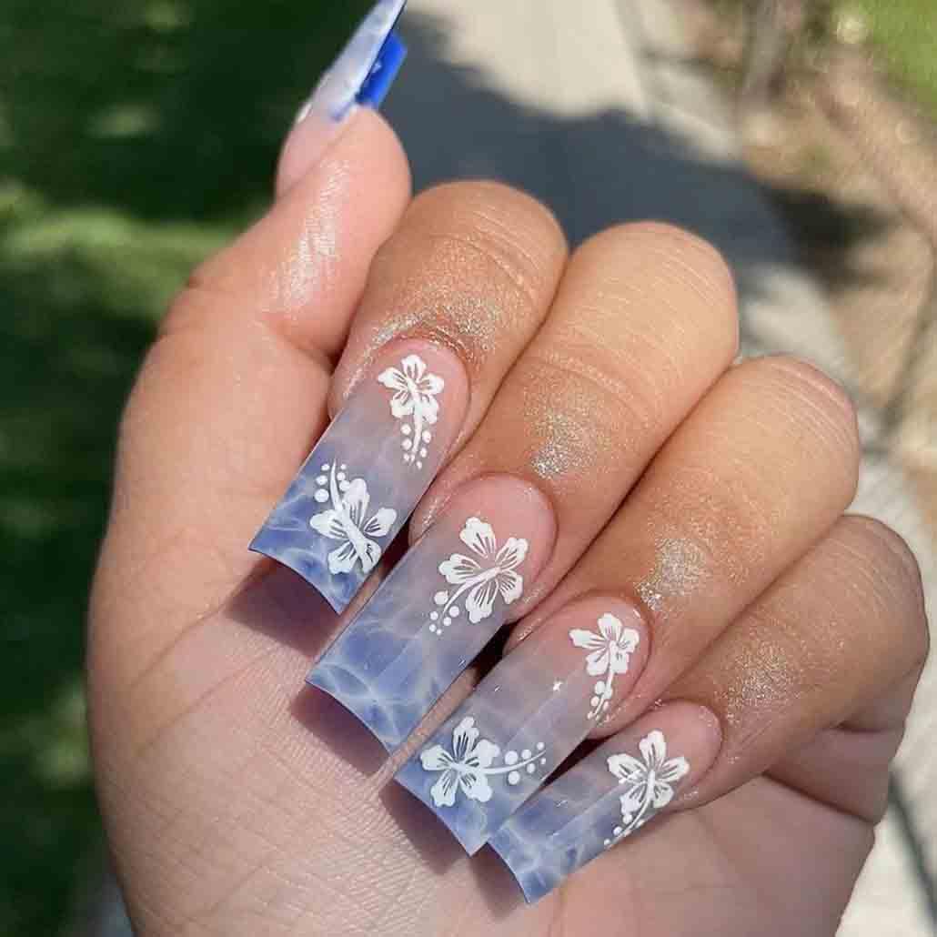 Foccna Square Blue Press on Nails Long,Fake Nails Acrylic False Nails Flower Design,Artificial Blue Nails for Women and Girls, 24 pcs