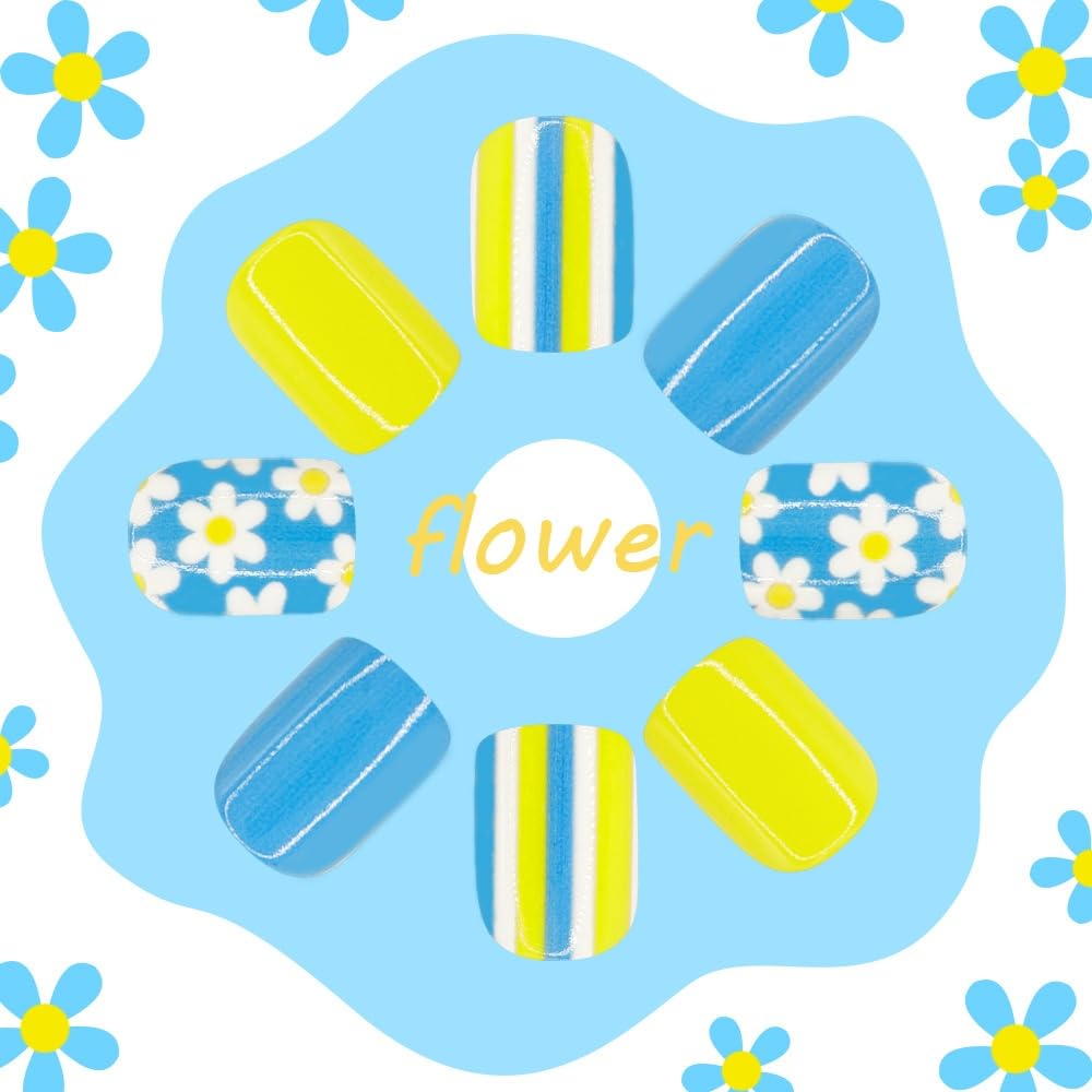 Flower Press on Nails Short Square Fake Nails with White Floral Design Glossy Blue Glue on Nails Yellow Striped Nails Press ons Reusable Full Cover Spring Summer Acrylic Nails for Women Manicure 24Pcs