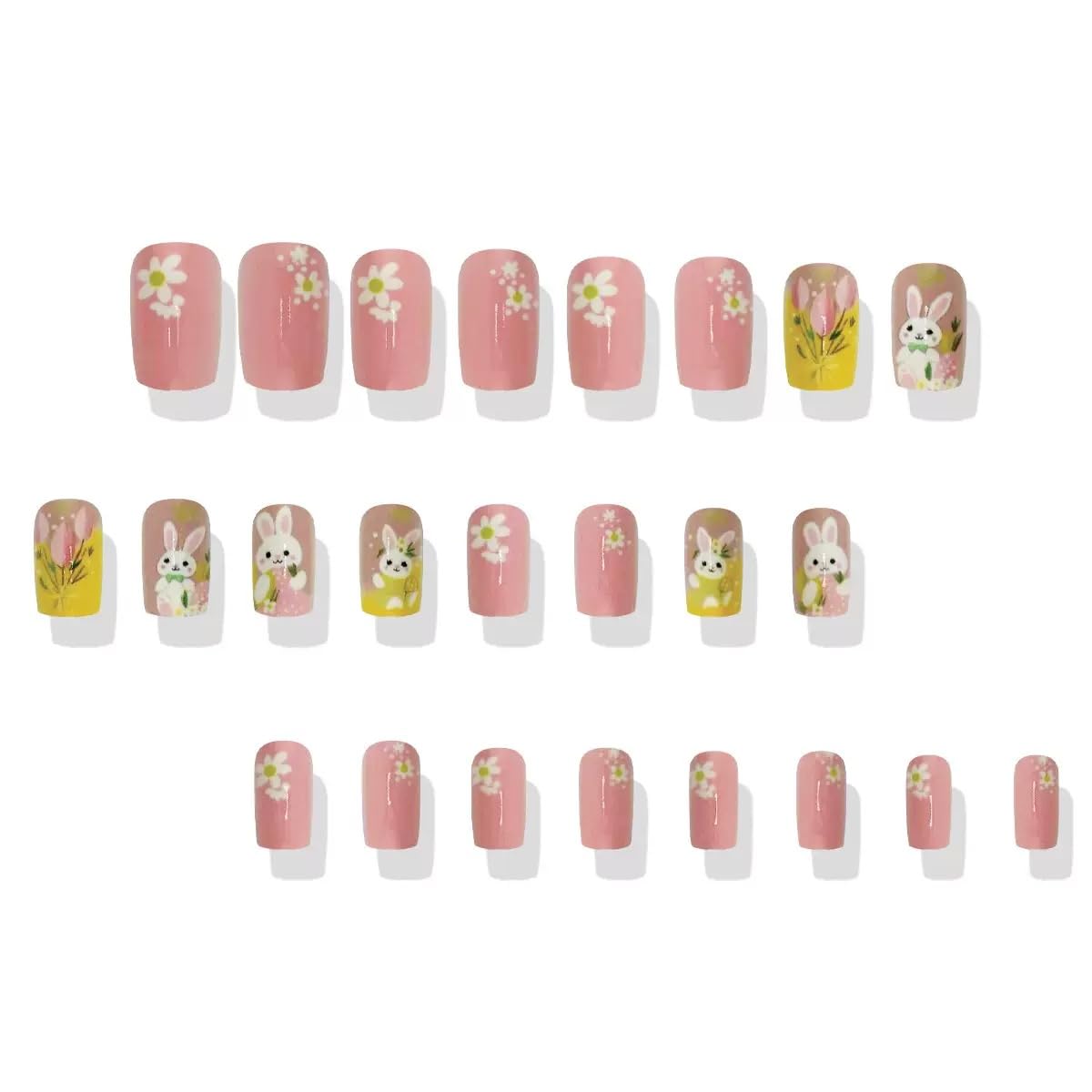 Easter Day Press on Nails - Medium Square Fake Nails with Bunny Flower Design - Pink False Nails Press ons - for Women 24 Pcs