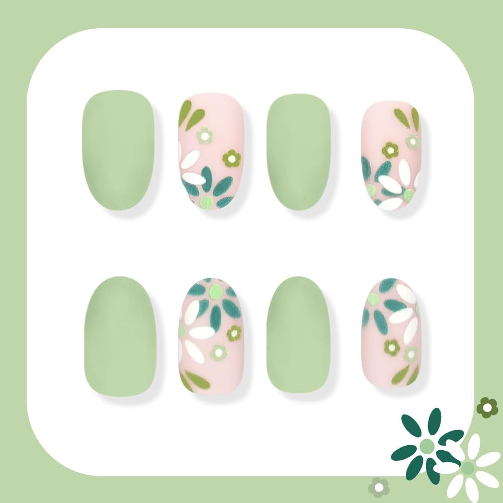 Almond Press on Nails Medium Fake Nails with Green Flower Design Glossy Full Cover Green False Nail Cute Floral Daisy Nail Press ons Reusable Spring Summer Acrylic Nail for Women Manicure 24Pcs