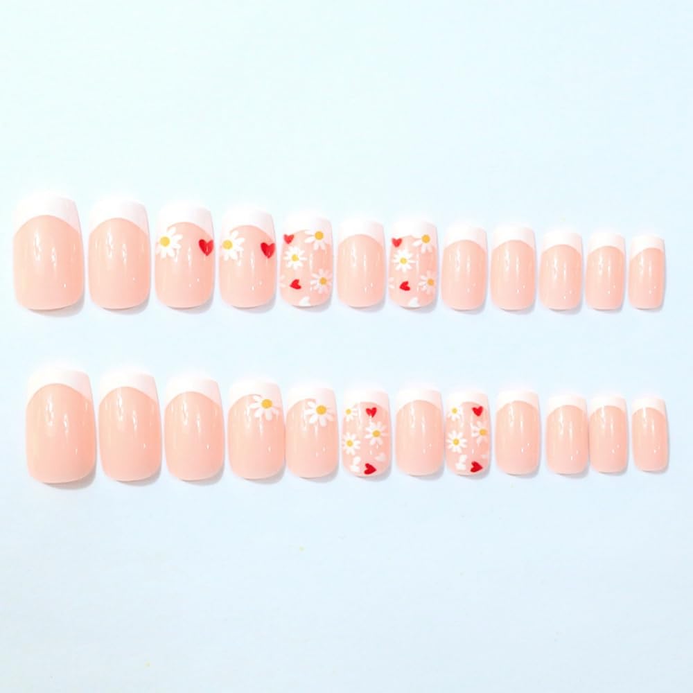 Flower Press on Nails Medium Square Fake Nails with Floral Hearts Design Glossy White French Tips Glue on Nails Spring Nails Press ons Reusable Full Cover Summer Acrylic Nails for Women Manicure 24Pcs