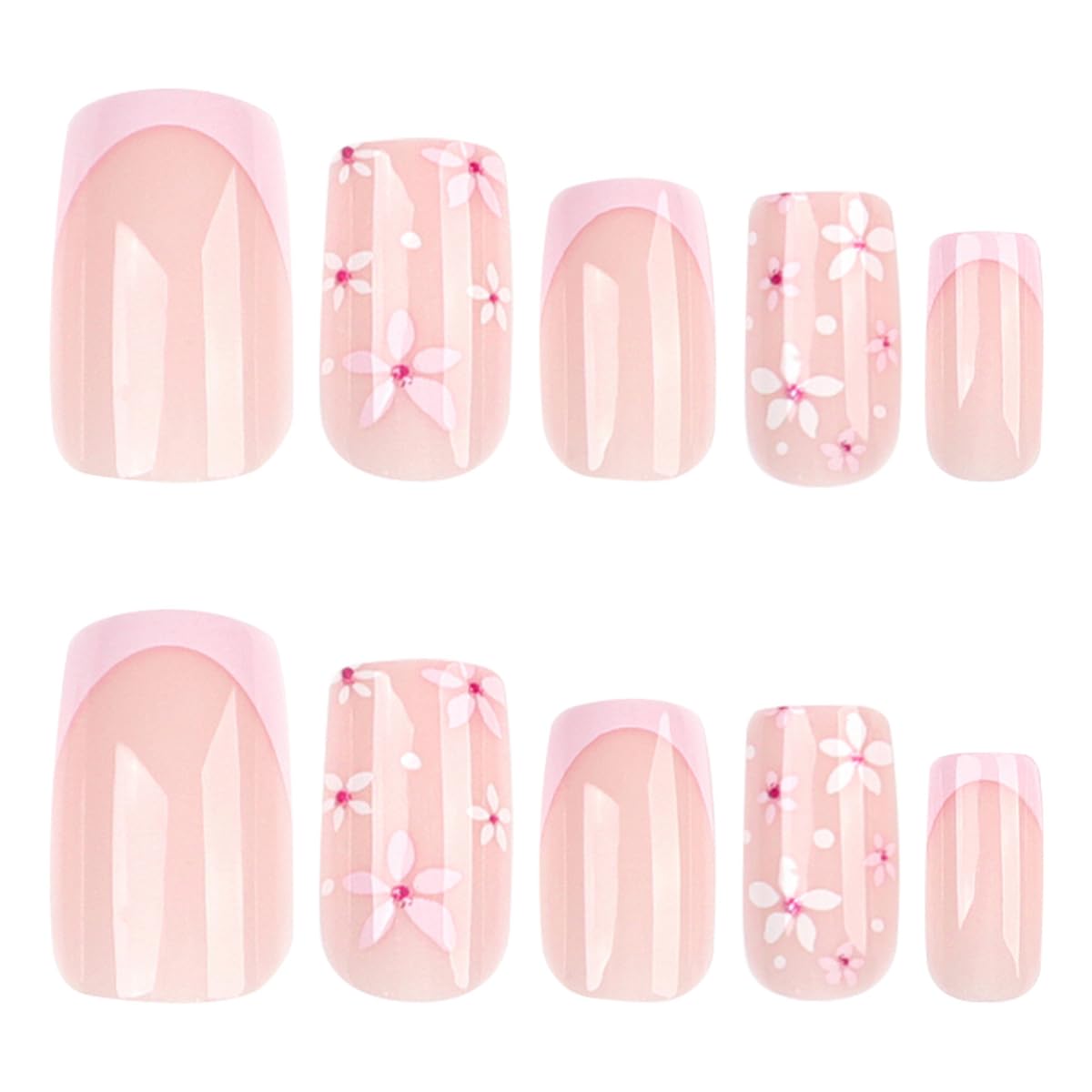 Pink Press on Nails Medium Square Fake Nails French Tip False Nails Press ons with Flower Print Design Glossy Reusable Nail Full Cover Acrylic Stick on Nails for Women Manicure 24Pcs