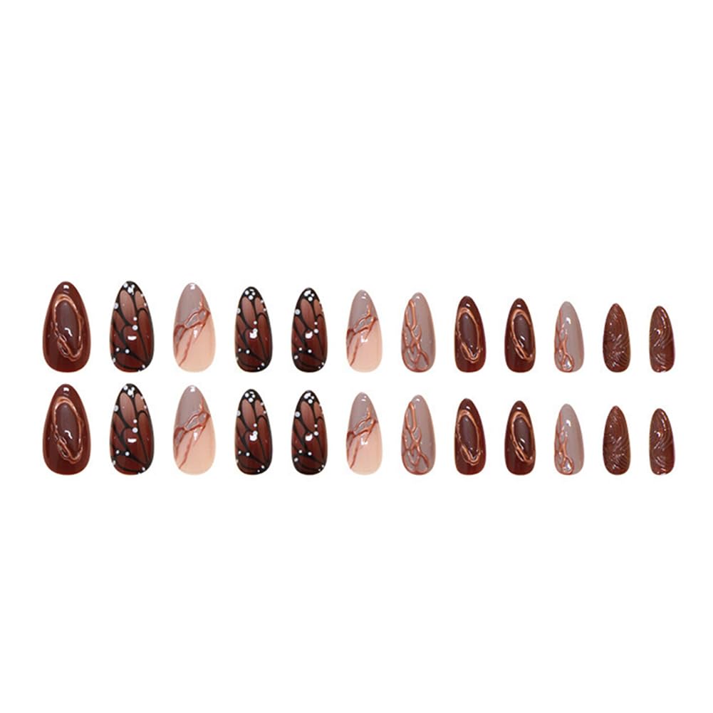 24Pcs Medium Almond Press on Nails Brown Acrylic False Nails With Butterfly Designs Fake Fingernails 3D Gold Curve Line Glossy Full Cover Artificial Fale Nails Kit Reusable Women Girls Manicure