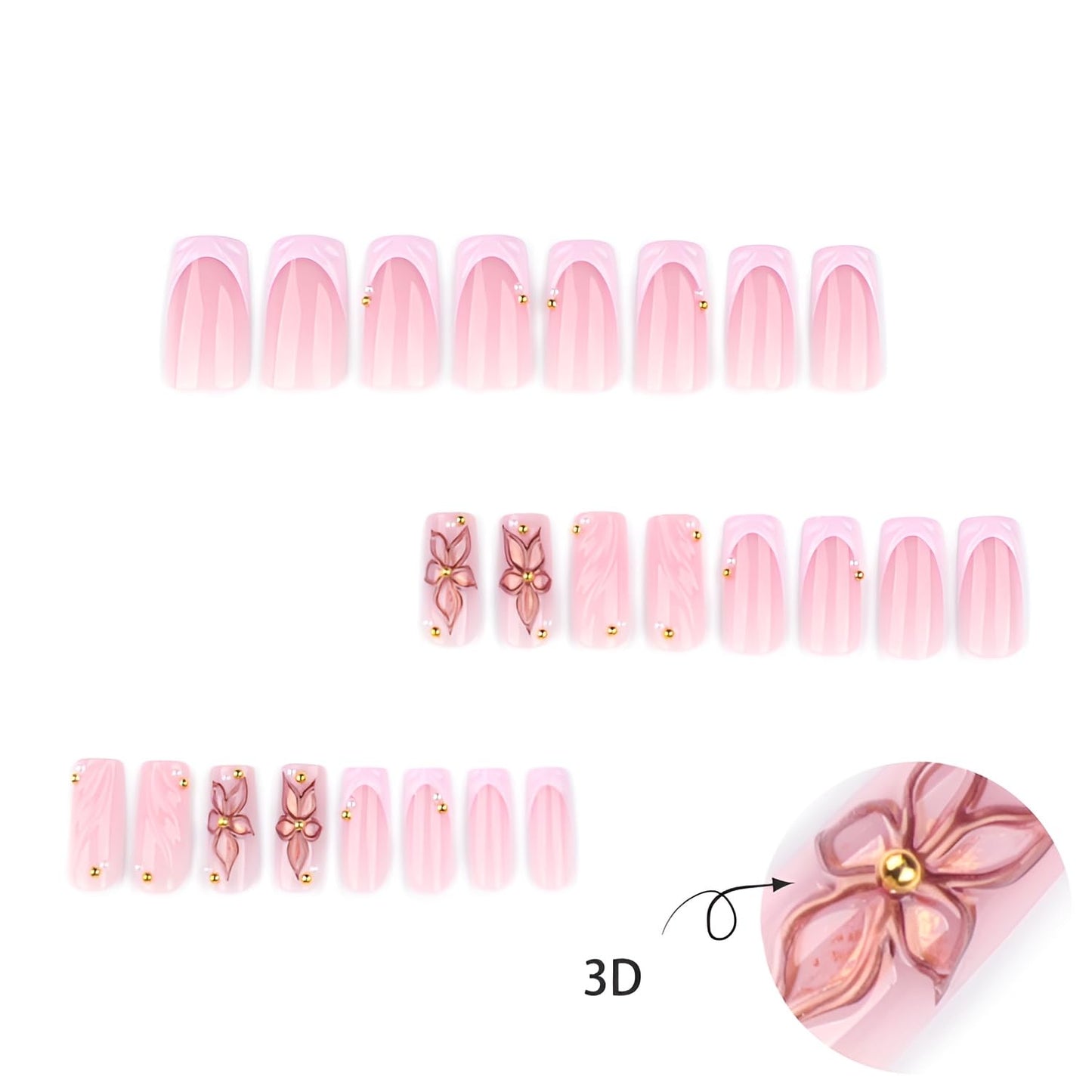 Pink French Tip Fake Nails Medium Square Press on Nails Flower False Nails Pink Nails Press Ons Glossy Full Cover Stick on Nail with Gold Rhinestones Design Acrylic Glue on Nail for Women Set 24Pcs