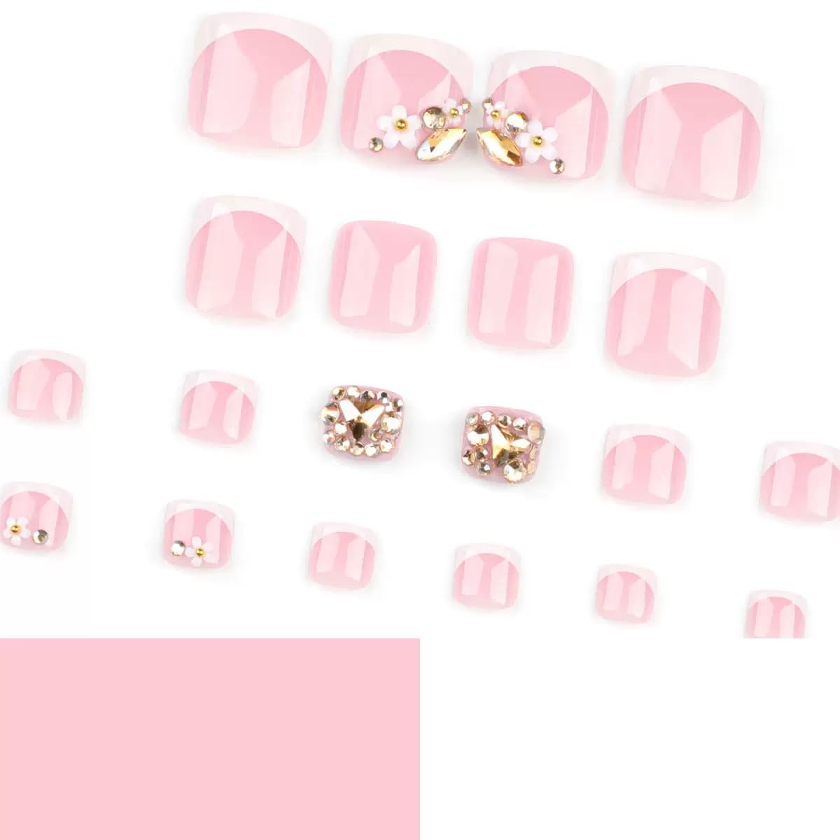 CTTHNBD Press on Toenails - White French Tip Fake Toenails with Flower Charms Design - Short Square Press on Toe Nails - for Women 24 Pcs