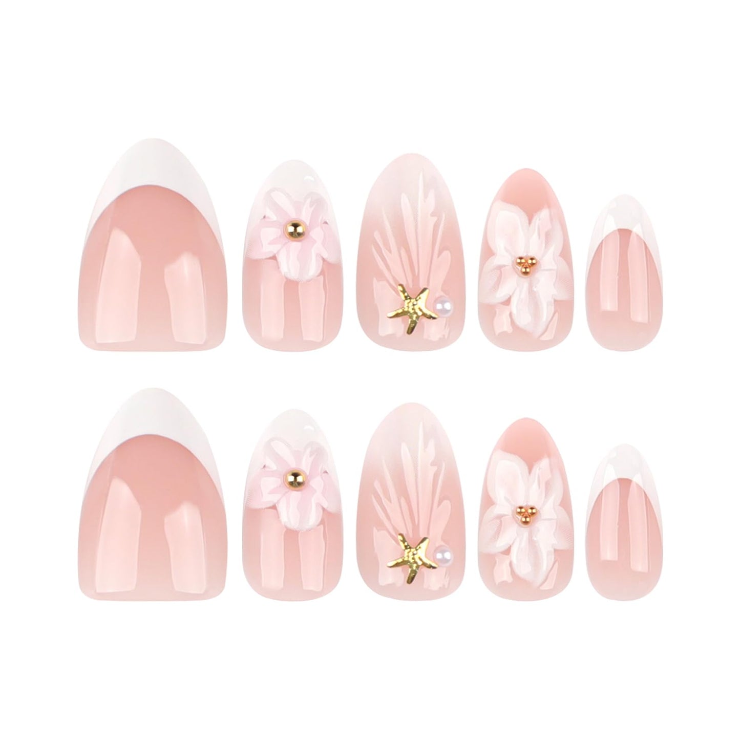 24Pcs Pink Flower Press on Nails Medium Almond Fake Nails with Glue White French Tip False Nails with 3D floral Starfish Pearl Design Cute Almond Nails Press ons Reusable Stick on Nail for Women
