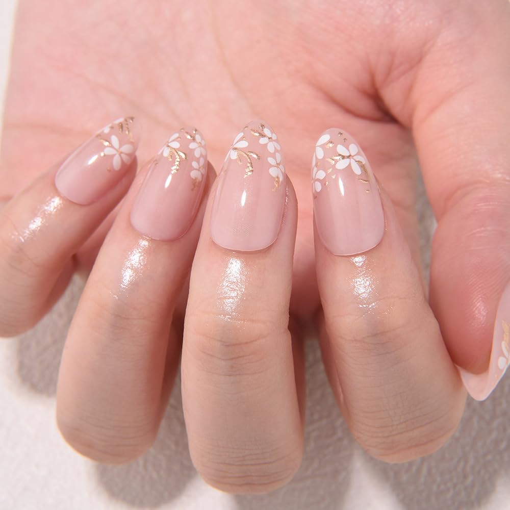 evpct 3D Nude Pink Press on Nails Short Almond No Glue with Gold White Flower Design, Short Almond Stick on Nails for Women Gift with Kit, Reusable Soft Acrylic Press on Fake Nail with Floral Design