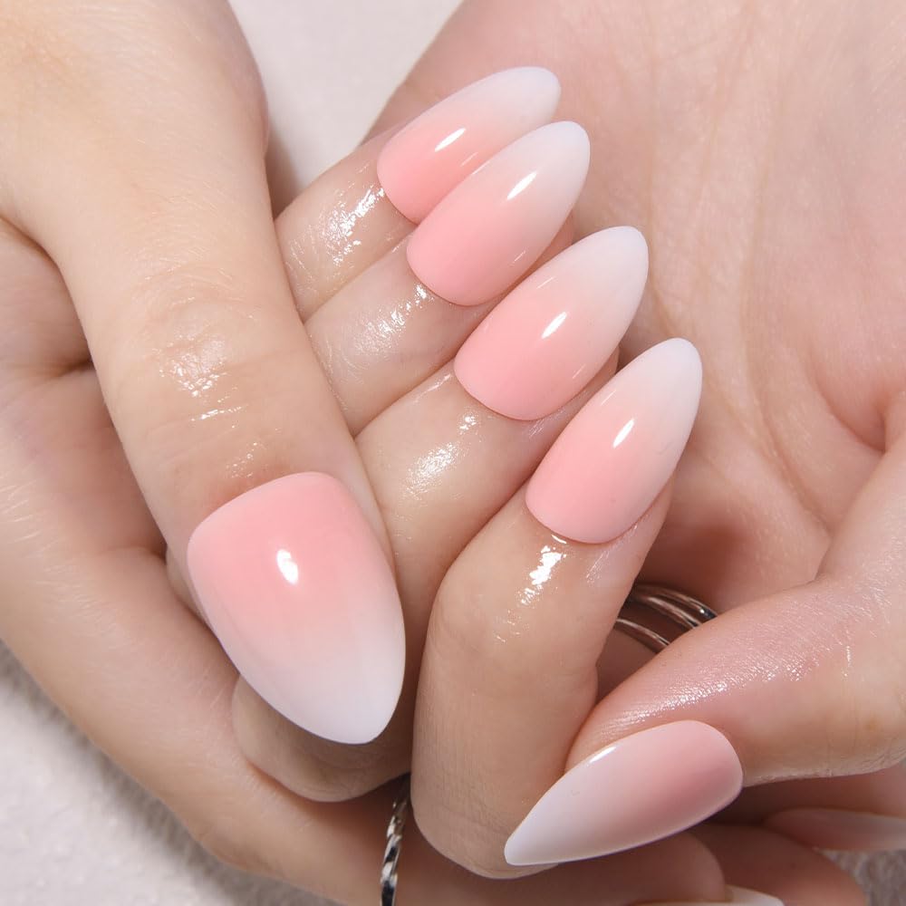 evpct Ombre Pink to Nude Press on Nails Short Almond, Short Almond Glossy Stick on Nails for Women Gift with Manicure Kit, Reusable Soft Gel Stick on Fake Nail with Ombre Designs Perfectly Fit