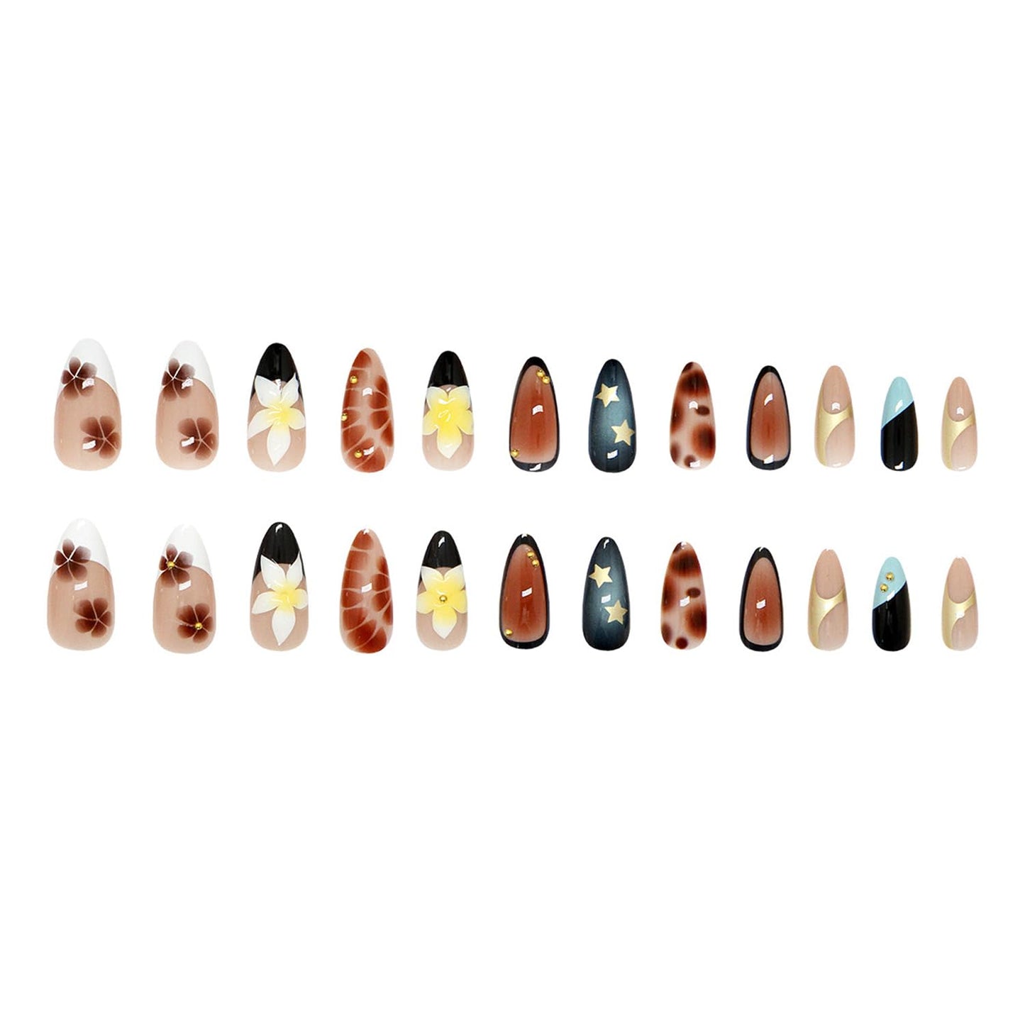 24Pcs French Tip Press on Nails Medium Almond Fake Nails with Lily Flower Pattern Brown Gold Beads Press on False Nails French Nails Cute Floral Stick on Full Cover Artificial Glue on Nail for Women