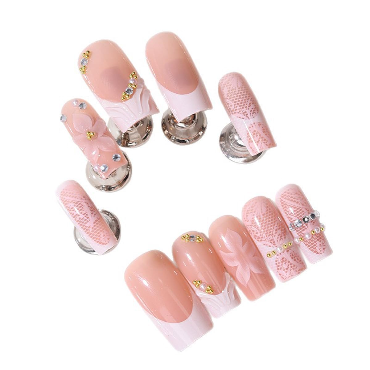 Long Square Press on Nails White French Tip Fake Nails with Lace Print & 3D Pearls Design Nude False Nails Reusable Full Cover Glue on Nails for Women, Elegant Bridal Manicure Kit 24Pcs
