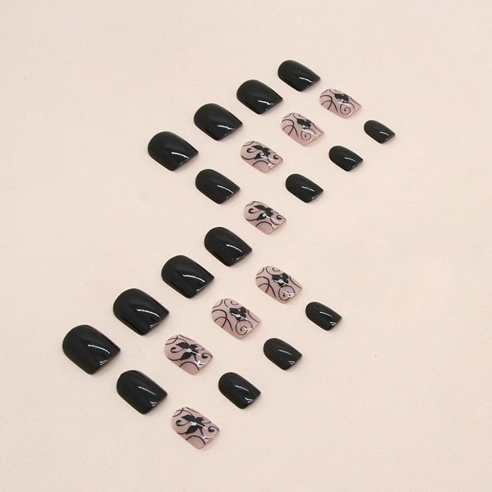Black Press on Nails Short Square Fake Nails with Flower Vine Butterfly Design Full Cover Acrylic Nail Rhinestone Artificial Glue on Nails for Women Reusable Nails Decorations Kit 24Pcs