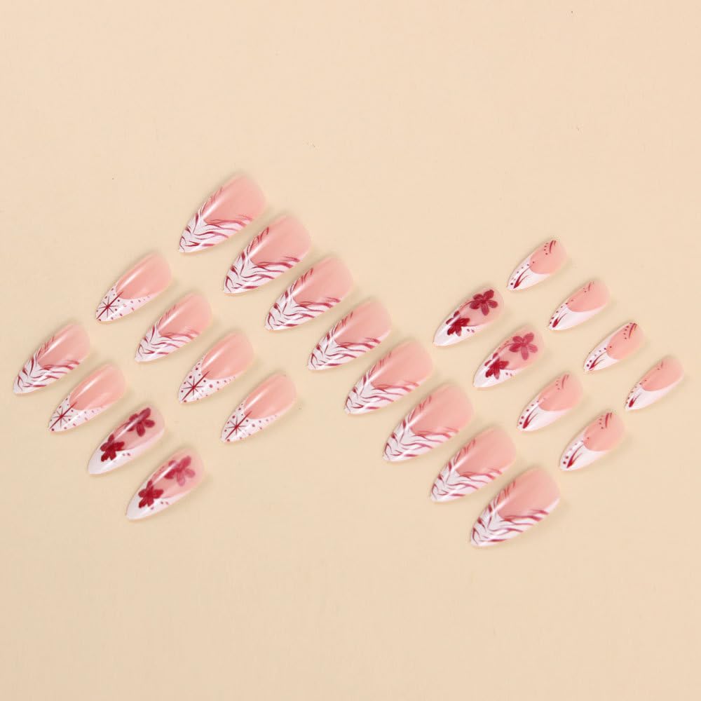 MINGCHUN Pink Press on Nails Medium Almond White French Tip Fake Nails Press ons Acrylic Nail Art Kit Full Cover False Nails Glue on Nails with Flame Flower Glossy Design for Women Nail Supplies 24Pcs