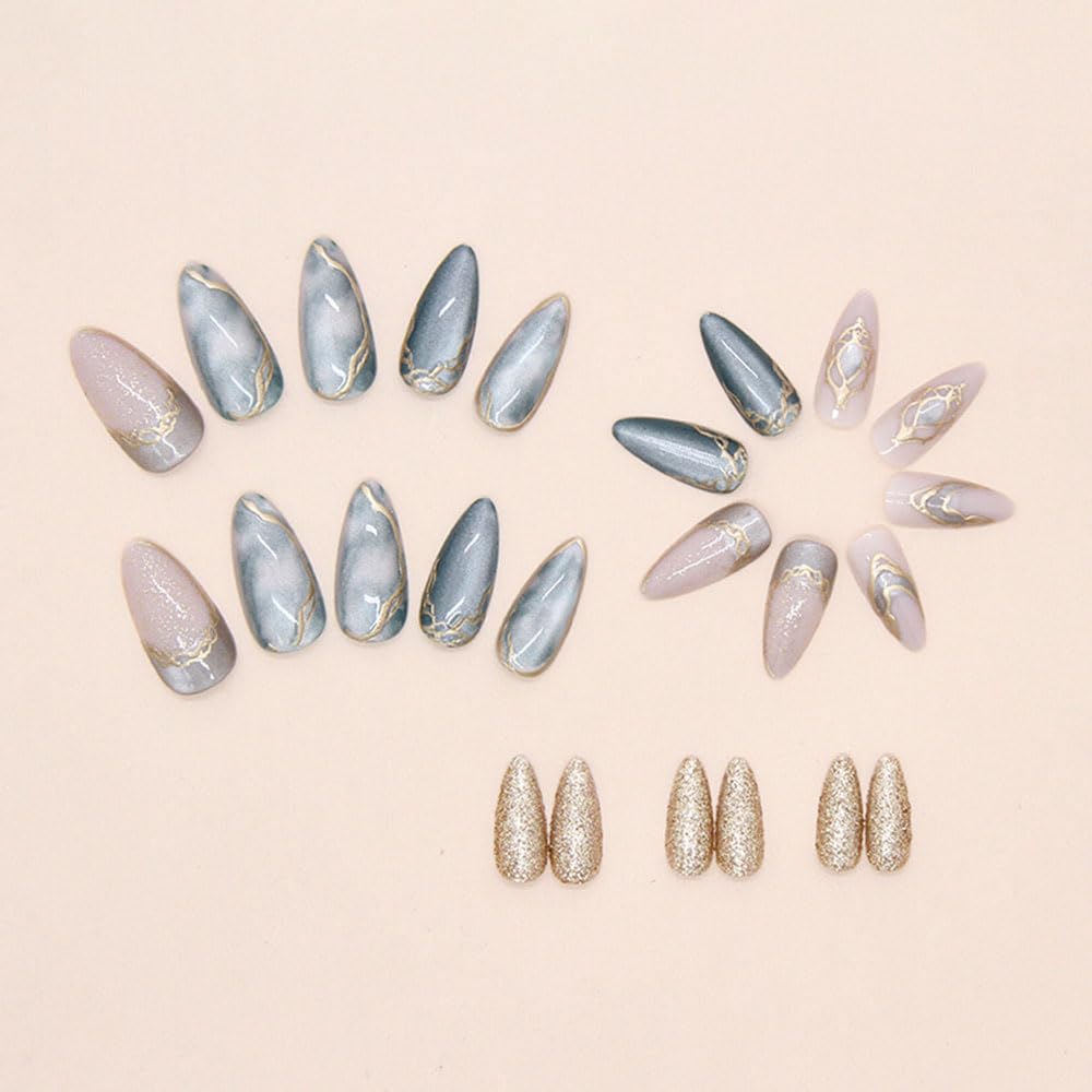 24 Pcs Cat's Eye Press on Nails Short Almond,MINGCHUN Fall Fake Nails Press ons Acrylic Nail Art Tips Kit Full Cover False Nails Glue on Nails with 3D Gilded Marble Texture Glitter Design for Women