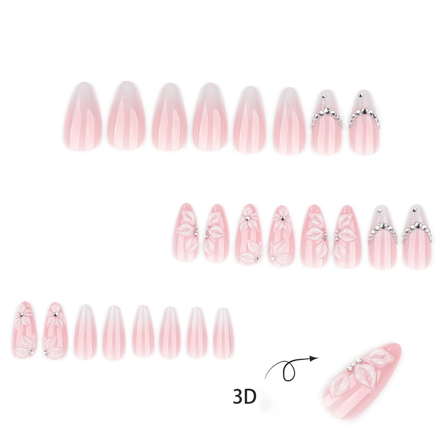 White Embossed Flower Press On Nails Almond Medium Fake Nails With Rhinestone Chain Design French Nail Press Ons Pink Glossy False Nails Spring Acrylic Nails For Women