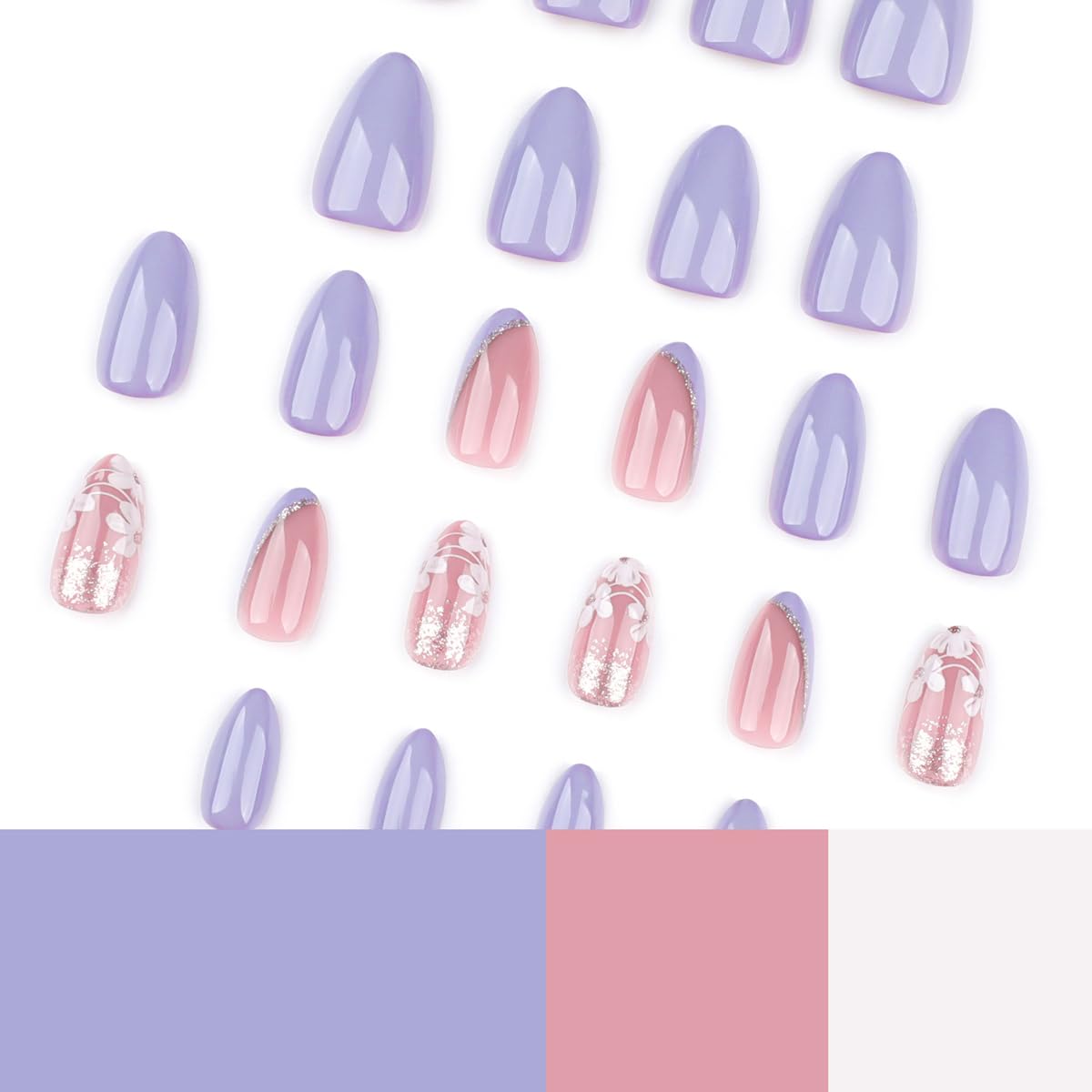 Purple Press on Nails - Medium Almond Fake Nails with Gold Glitter&Flower Designs False Nails Spring Glue on Nails Reusable Full Cover Stick on Nails for Women Manicure 24Pcs