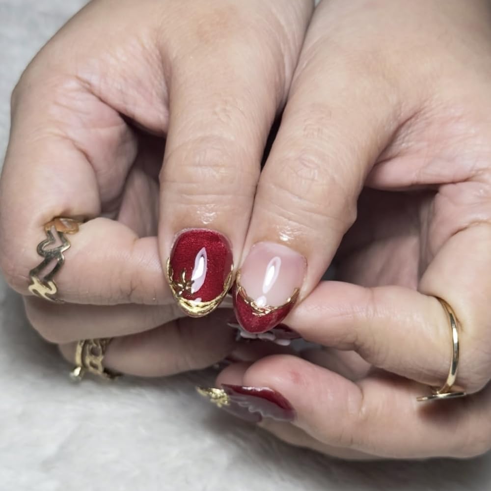 Red Press on Nails Short Almond Fake Nails with 5D Flower Design French Tips Glue on Nail Glossy Ombre Dark Red Nails Press ons Reusable Full Cover Gold Lines Acrylic Nail for Women Manicure 24Pcs