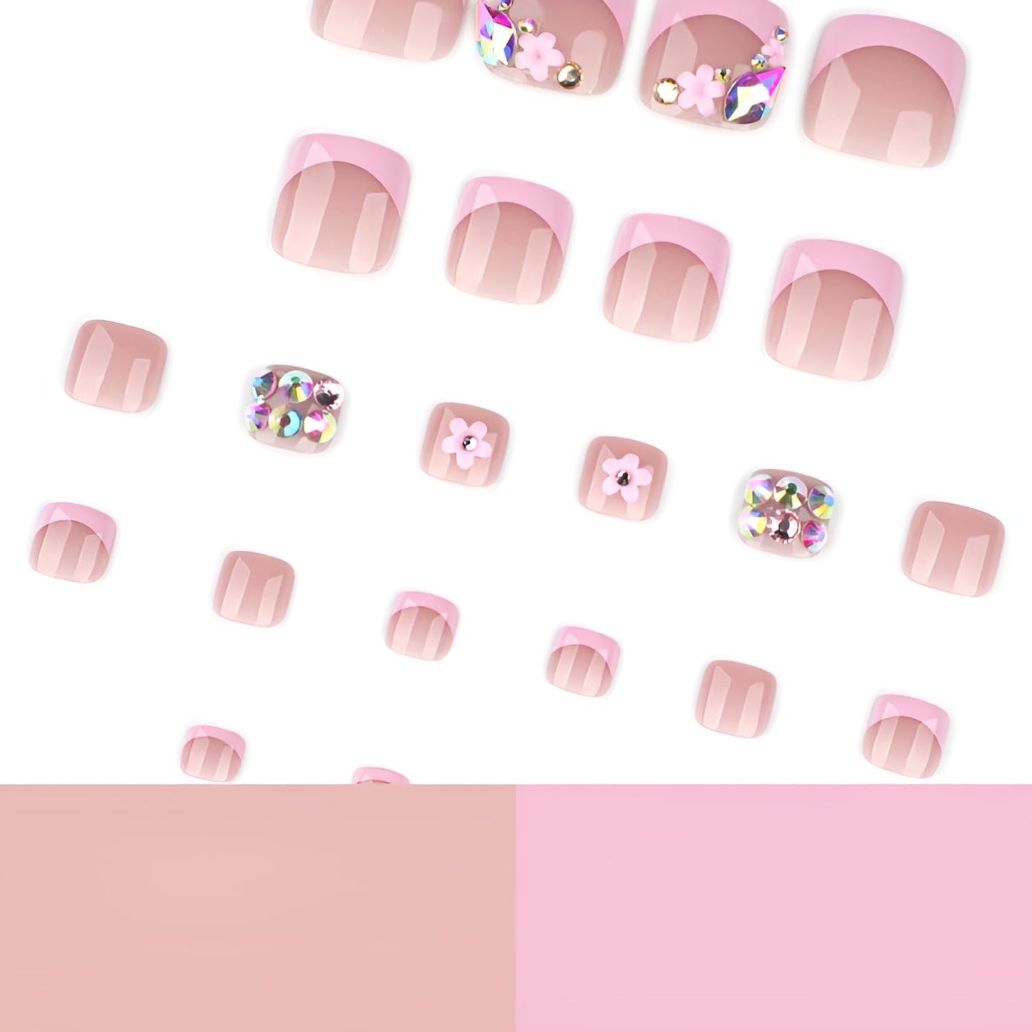 Pink French Tip Press on Toenails Short Square Fake Toe Nails Flower Toenail Press ons Rhinestones Glue on Toe Nails Glossy False Toenails Pink Stick on Toenail for Women Decorations 24Pcs