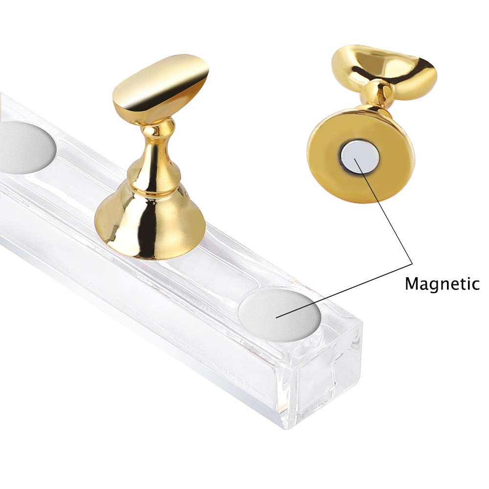 Etercycle Acrylic Nail Display Stand DIY Nail Crystal Holder Magnetic Practice Stands with Reusable Adhesive Putty Clay for False Nail Tip Manicure Tool (2 Gold)