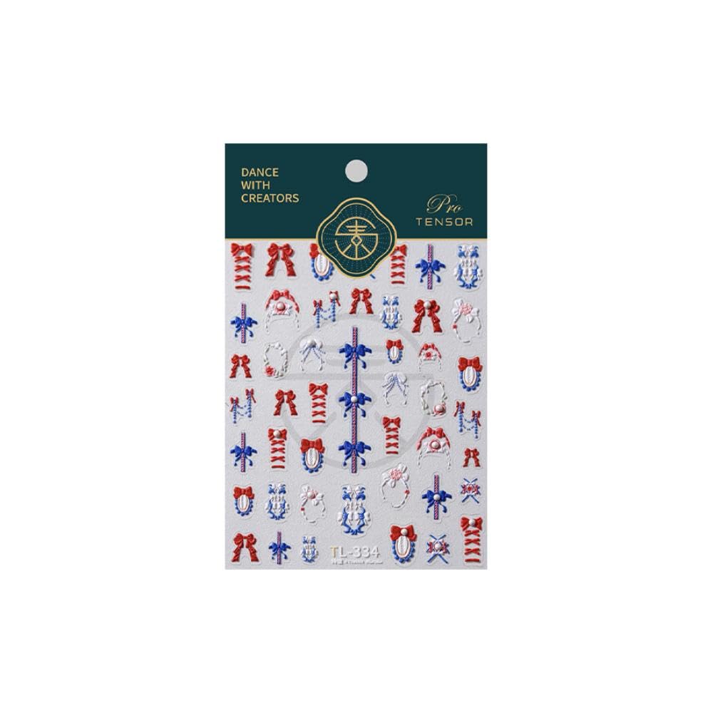 Cartoon Red Blue Bow Nail Stickers with 5D Embossed Pearl Design Irregular Frames Nail Art Stickers 3D Self-Adhesive Spring Nail Decals Summer Nail Manicure Accessories for Women Girls 1 Sheet