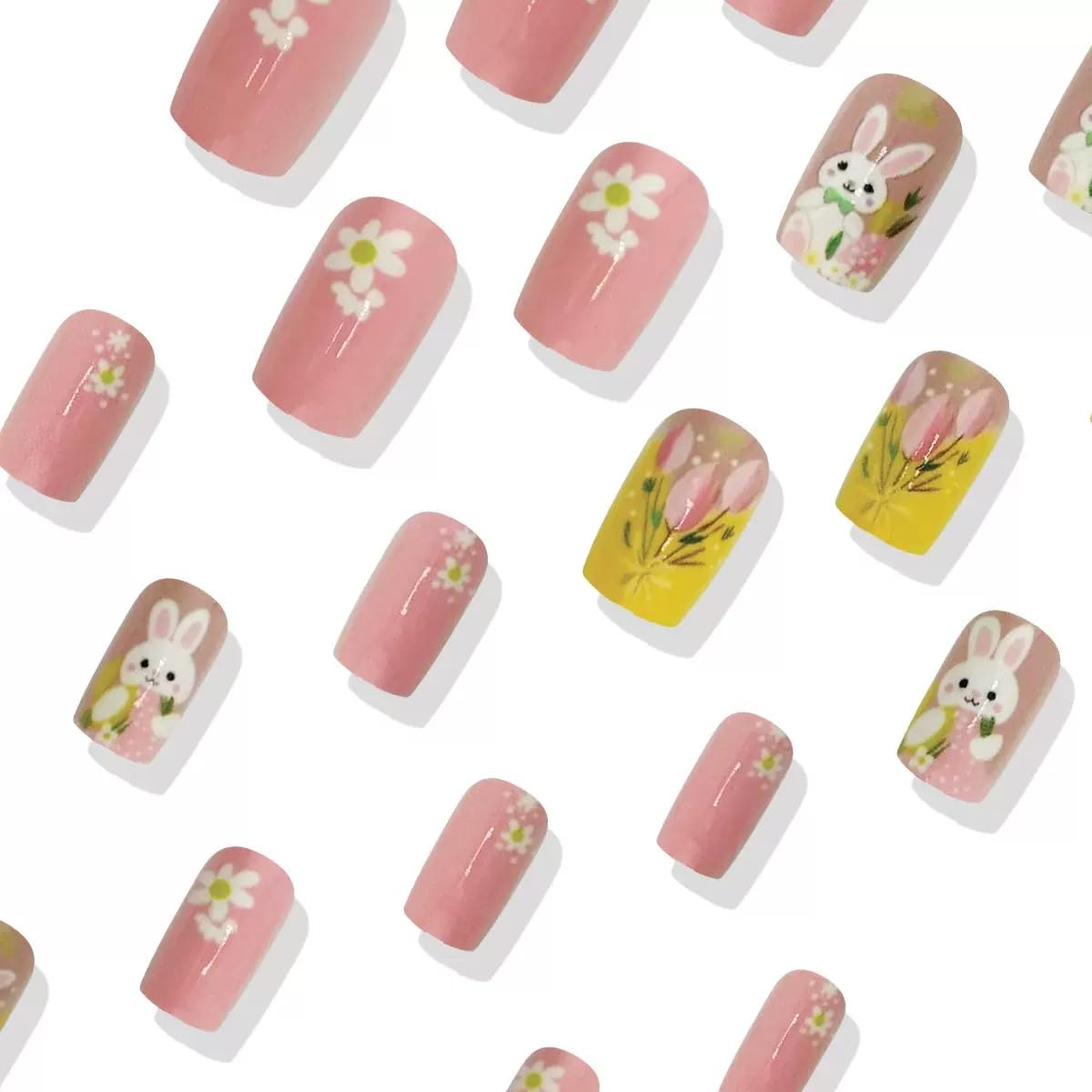 Easter Day Press on Nails - Medium Square Fake Nails with Bunny Flower Design - Pink False Nails Press ons - for Women 24 Pcs
